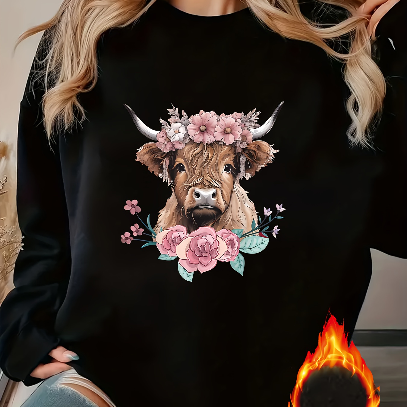 

1pc Women's Highland Cow Neck Pullover Sweatshirt, 100% Polyester Knit Fabric With Stretch, Comfortable Breathable Top