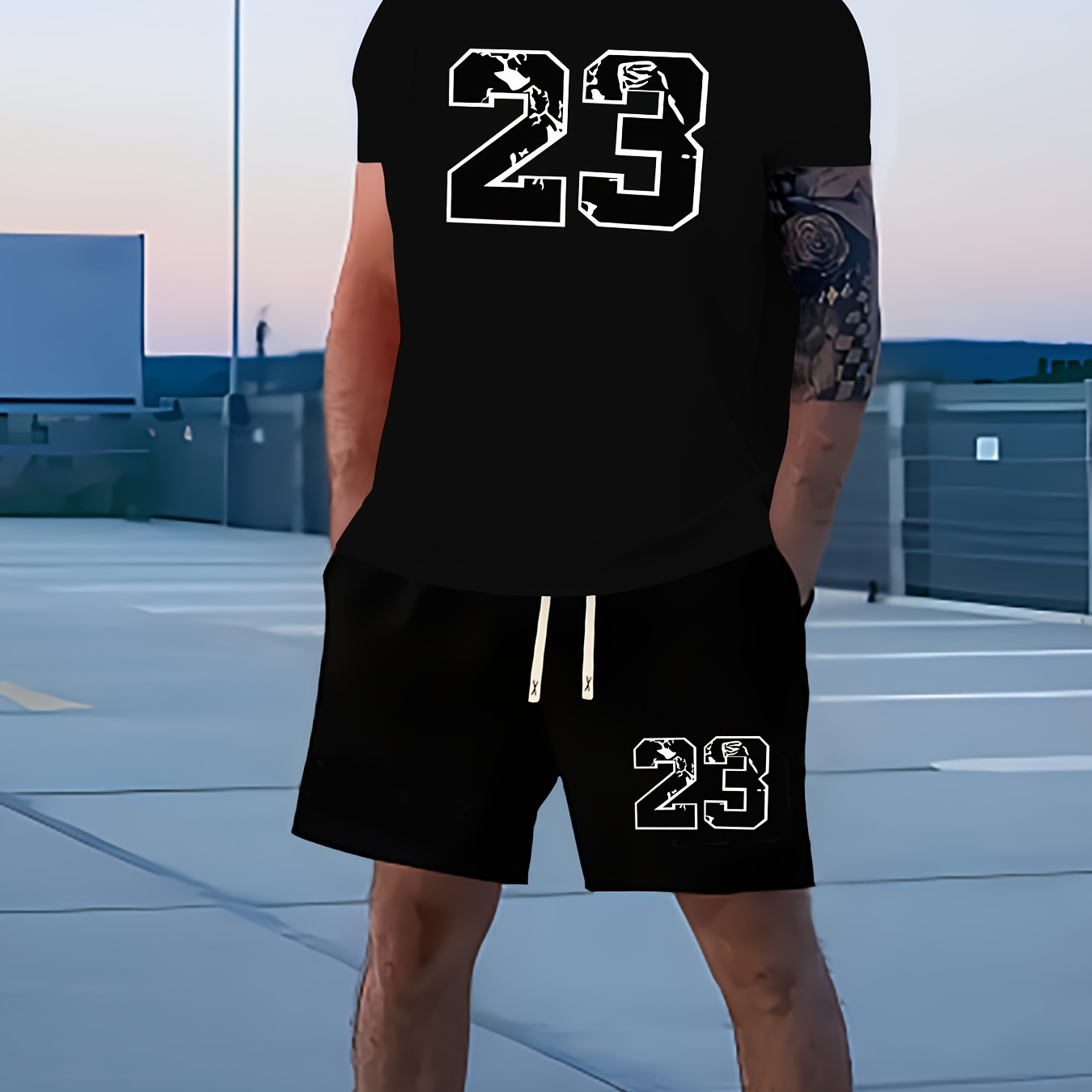 

23 Print Men's 2pcs Trendy Outfits Casual Crew Neck Short Sleeve T-shirt & Drawstring Shorts Set For Spring Summer Workout Men's Print Clothing