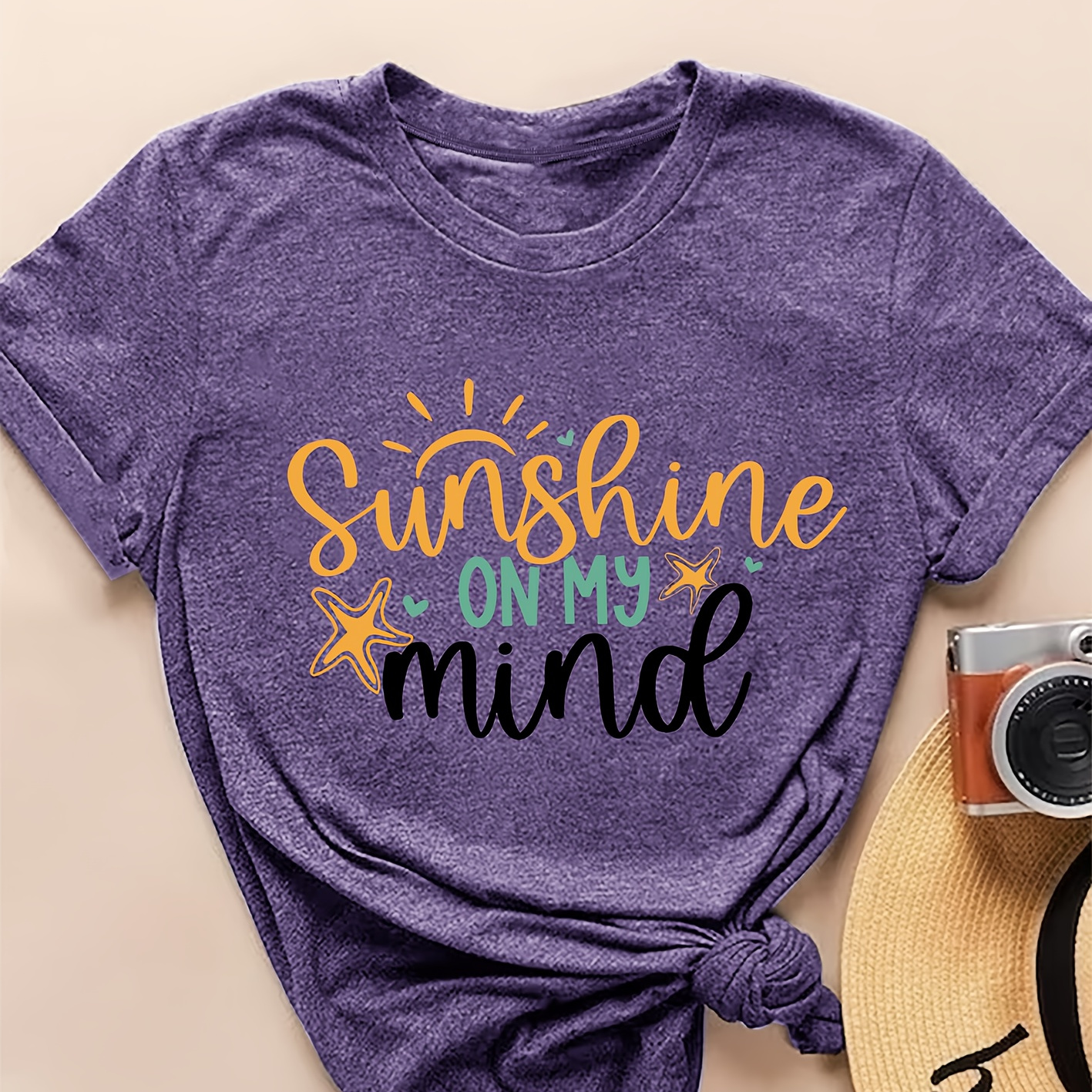 

Women's Short Sleeve T-shirt, "sunshine On My Mind" Letter Print, Vintage Style, Round Neck, Casual Summer Top, Fashionable Seasonal Tee For Ladies