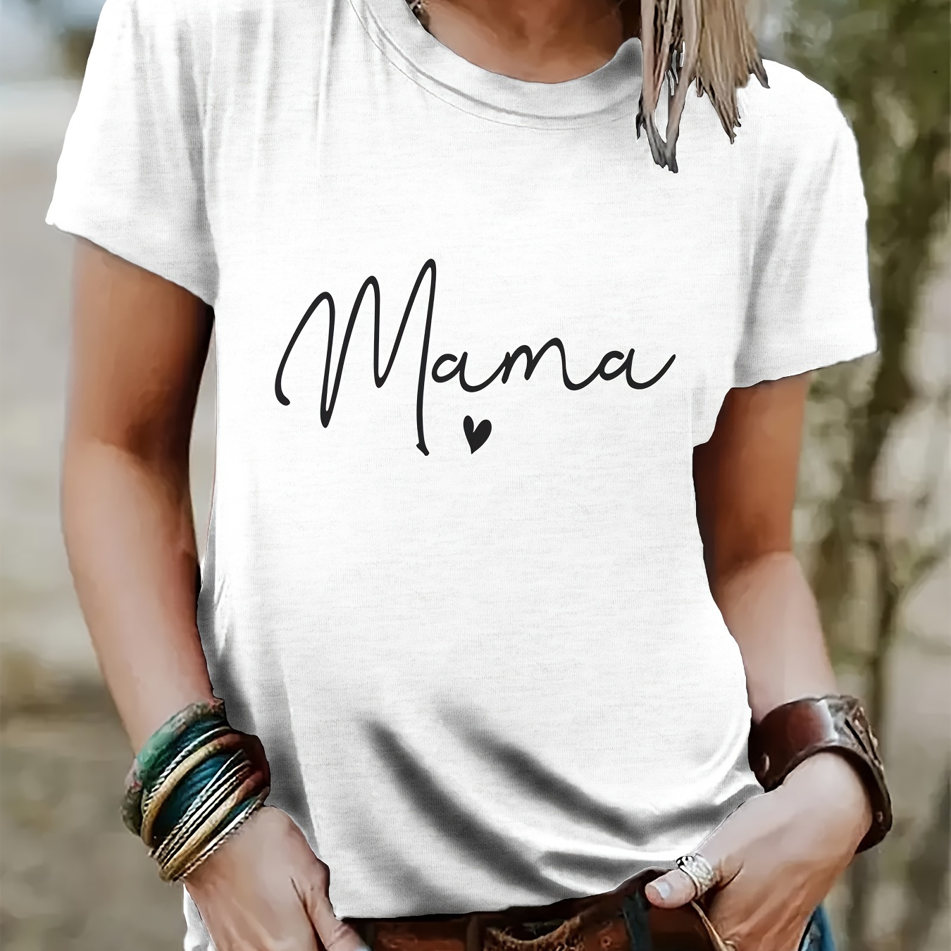 

Mama Print Crew Neck T-shirt, Casual Short Sleeve Summer Top, Women's Clothing