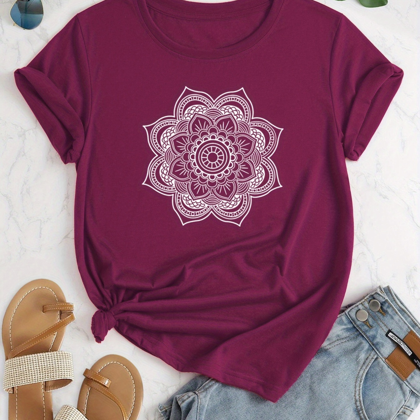 

Plus Size Casual T-shirt, Women's Plus Creative Floral Print Sleeve Neck T-shirt