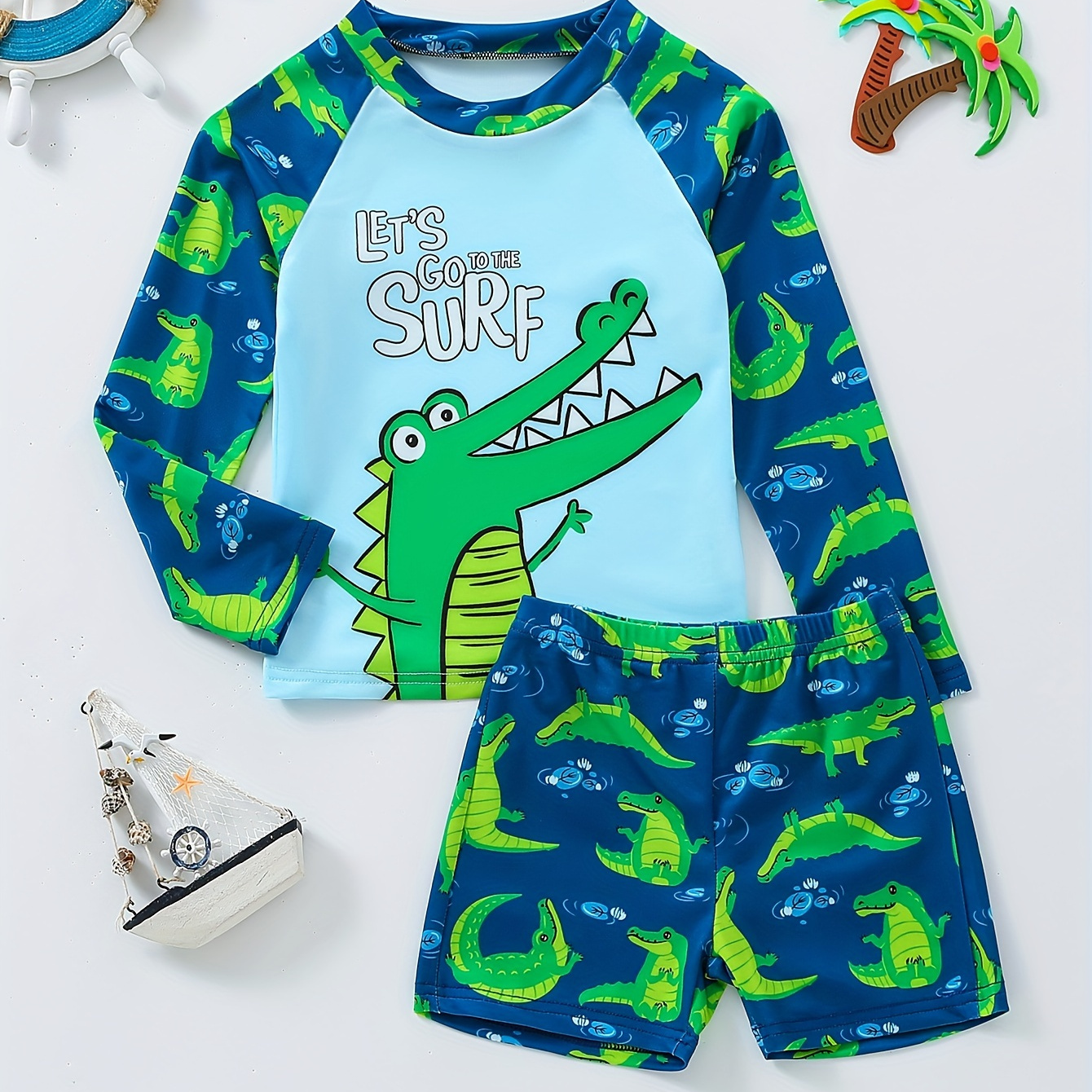 

2pcs Cute Crocodile And Surf Slogan Pattern Swimsuit For Boys, T-shirt & Swim Trunks Set, Stretchy Surfing Suit, Boys Swimwear For Summer Beach Vacation