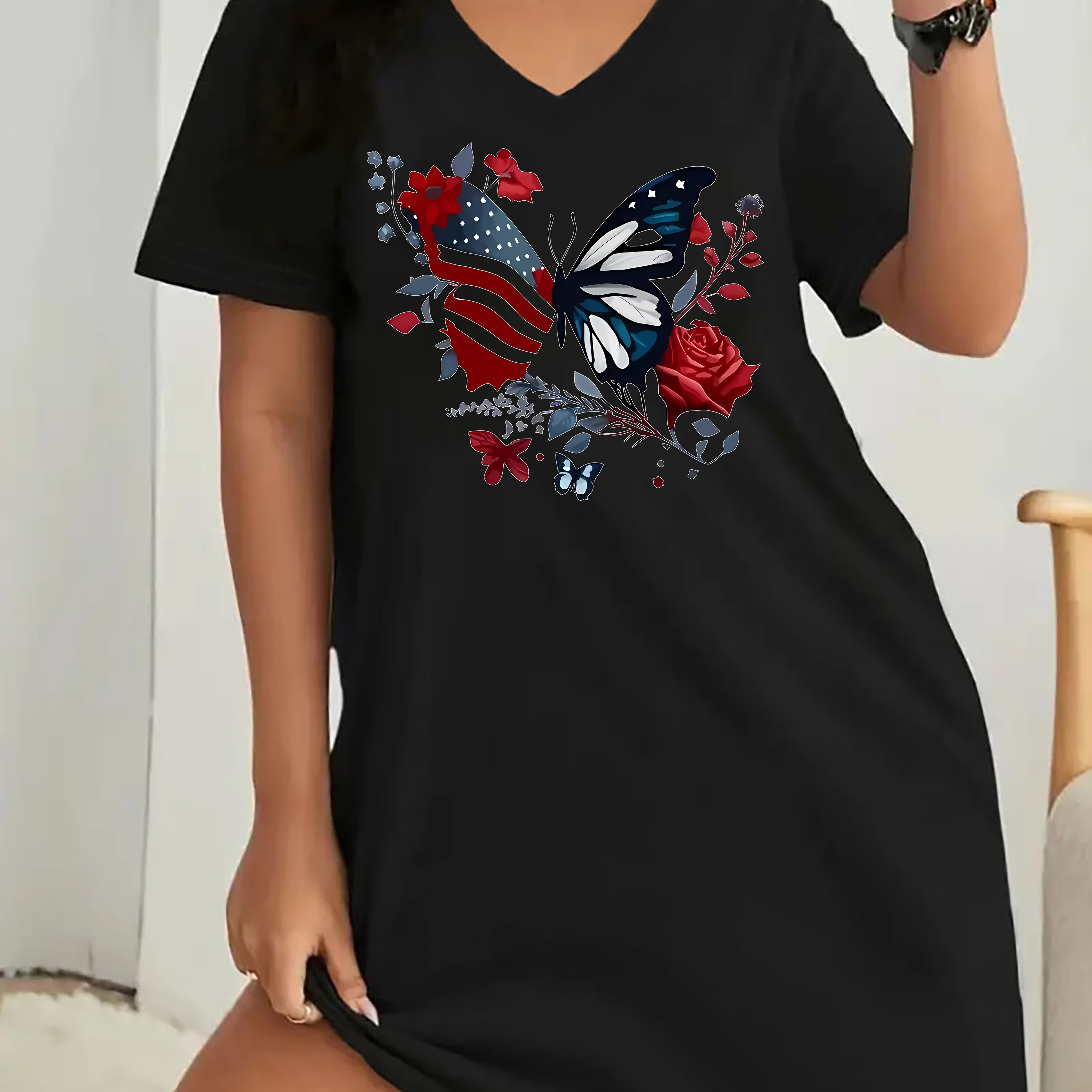 

Robe t-shirt à imprimé papillon grande taille, robe décontractée à col en V et manches courtes pour le printemps et l'été, vêtements grande taille pour femmes