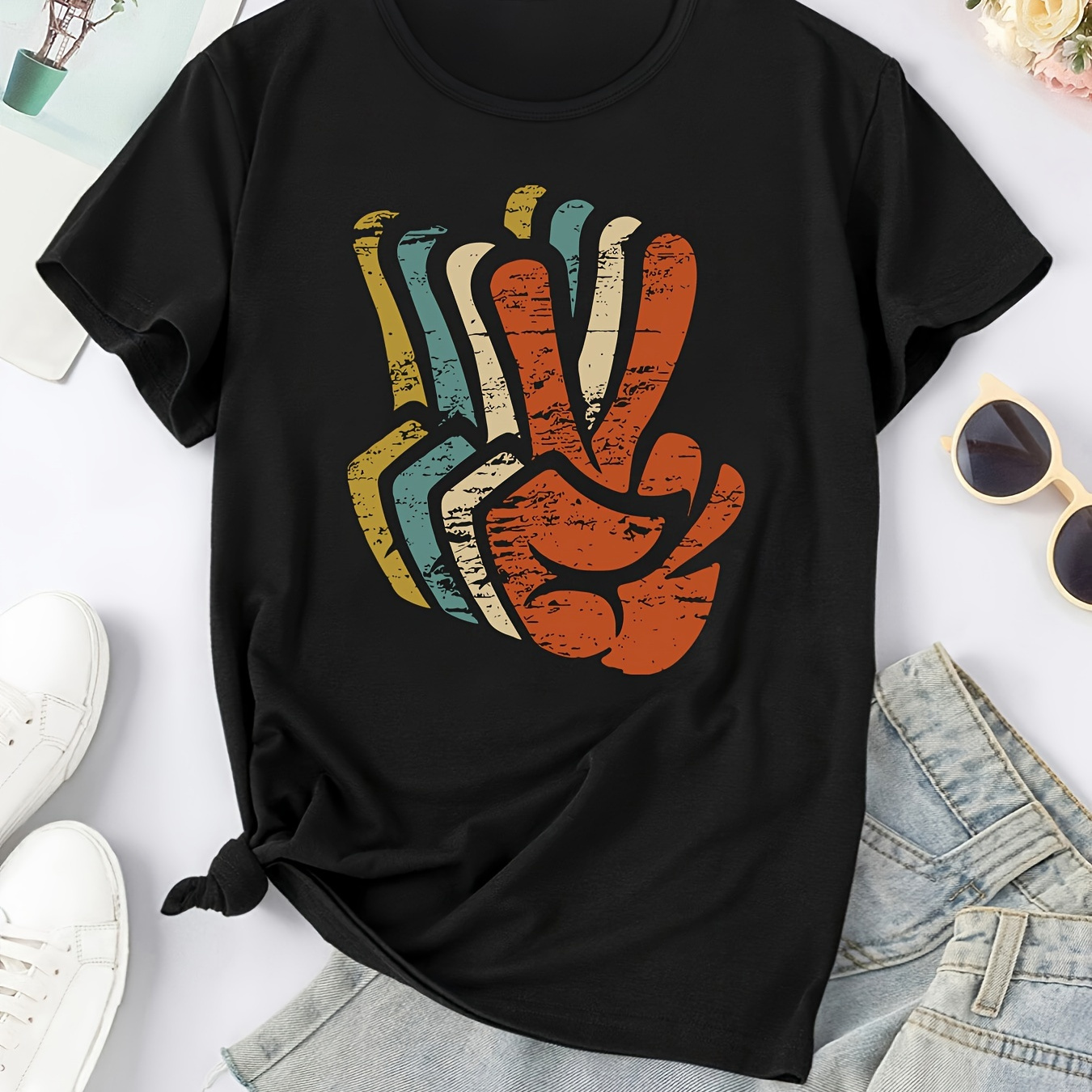 

Women's Casual Short Sleeve T-shirt, Multicolor Peace Hand Gesture Print, Round Neck, Spring & Summer Sports Daily Top