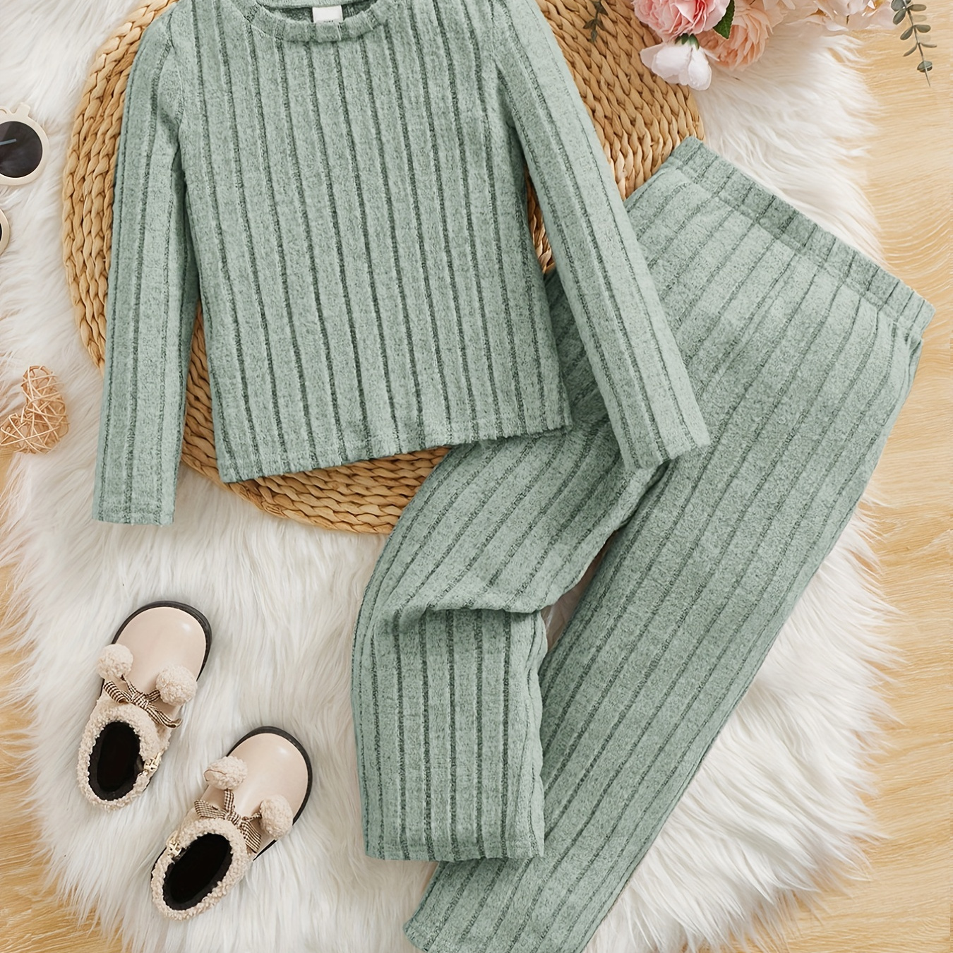 

Toddler Girls 2pcs, Solid Ribbed Knit Sets, Top & Pants, Kids Clothes For Home Everyday