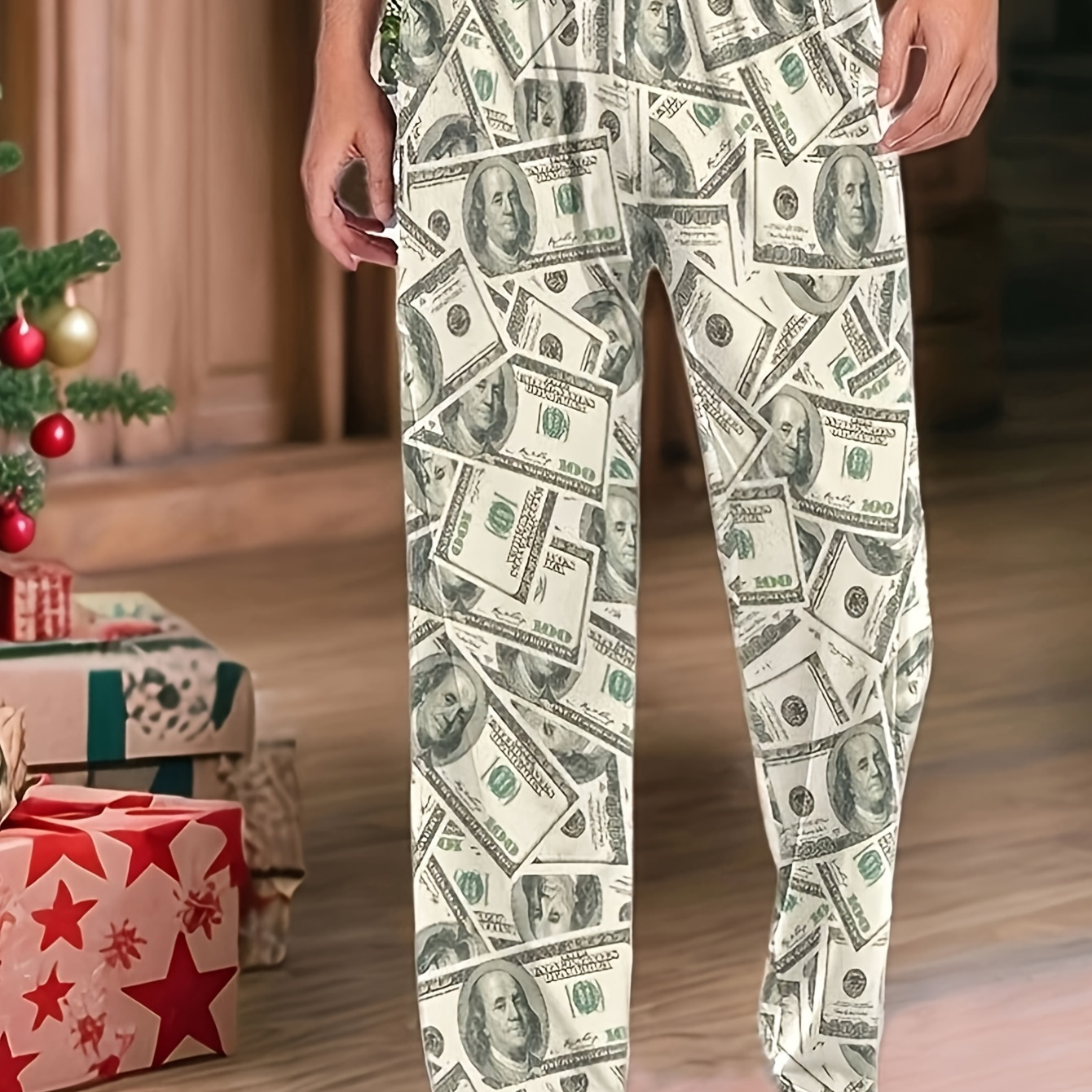 

1pc Men's Casual Polyester Knit Pajama Pants, Regular Fit, Geometric 1000 Dollar Print, Mid- Weight 145g/m², With Drawstring For Autumn/winter Sleepwear