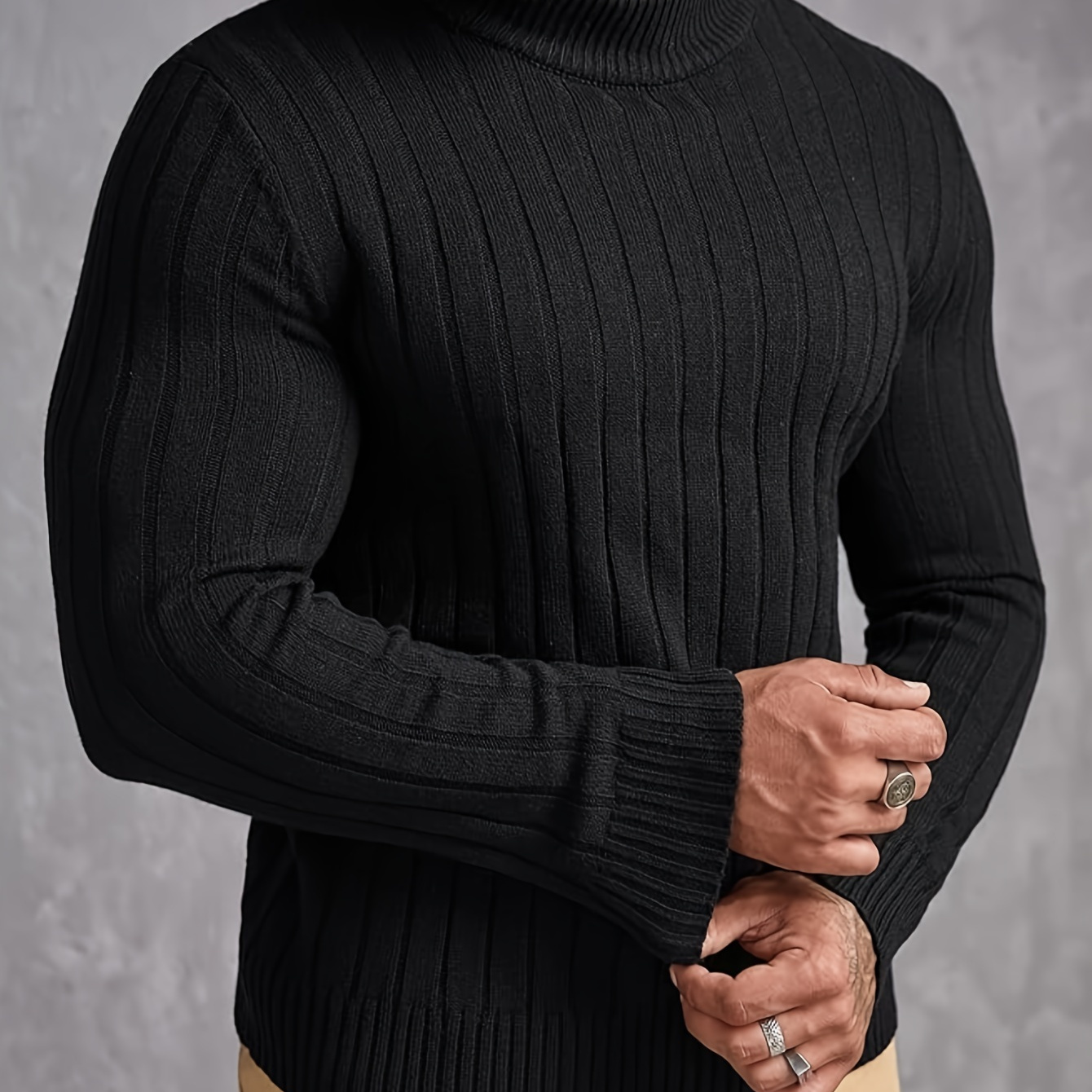 

Plus Size Men's Slim Fit Ribbed Knit Pullover Sweater - Lightweight High-neck Long Sleeve Casual Top