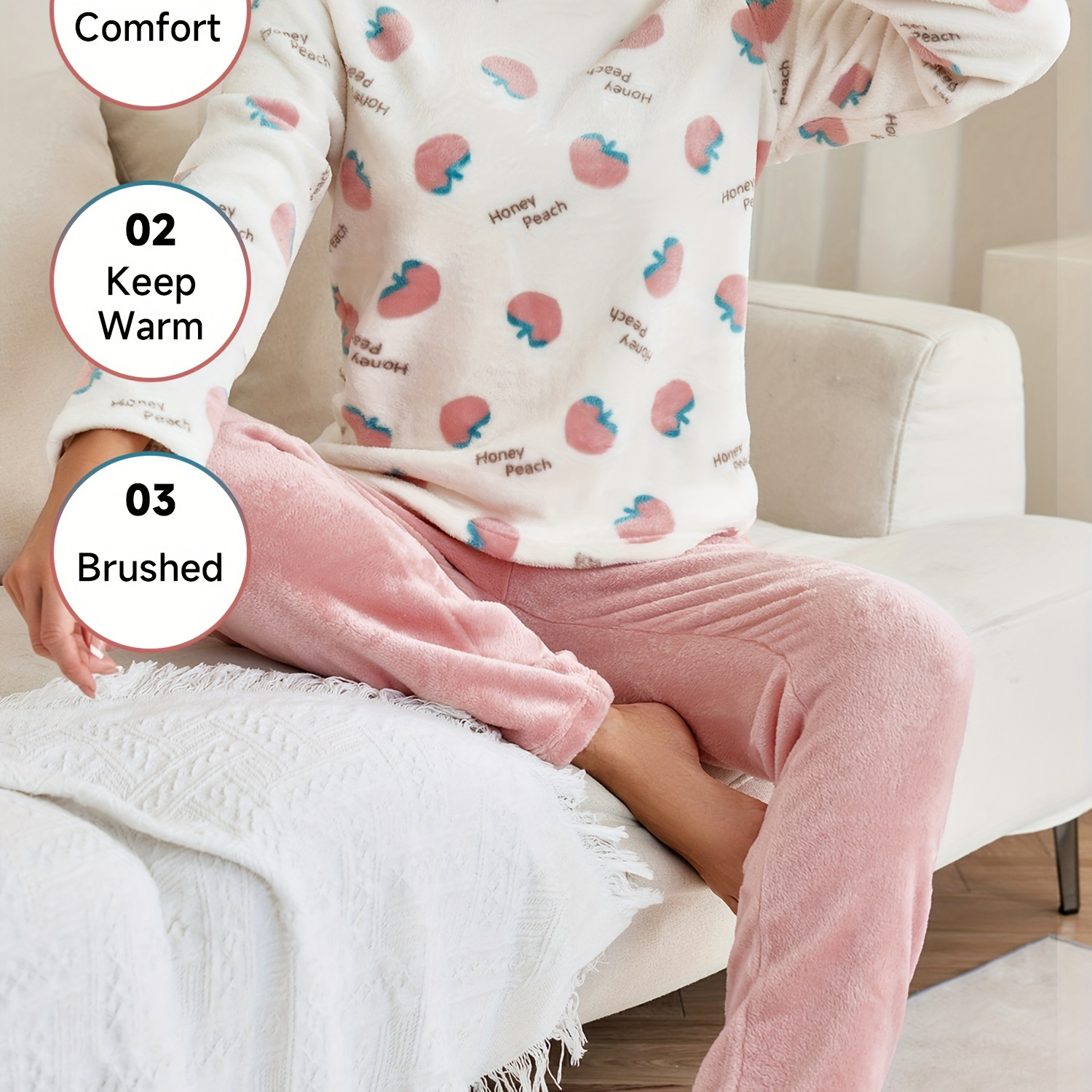 

Women's Peach & Letter Print Sweet Fleece Thickened Pajama Set For Fall & Winter, Long Sleeve Round Neck Top & Pants, Comfortable Relaxed Fit