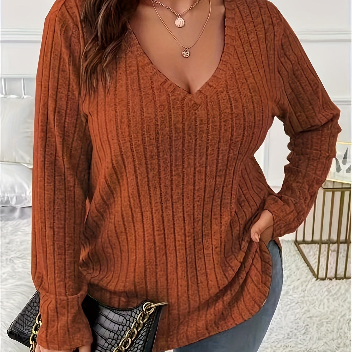 

Plus Size Ribbed T-, Long V Top For & , 's Plus Size