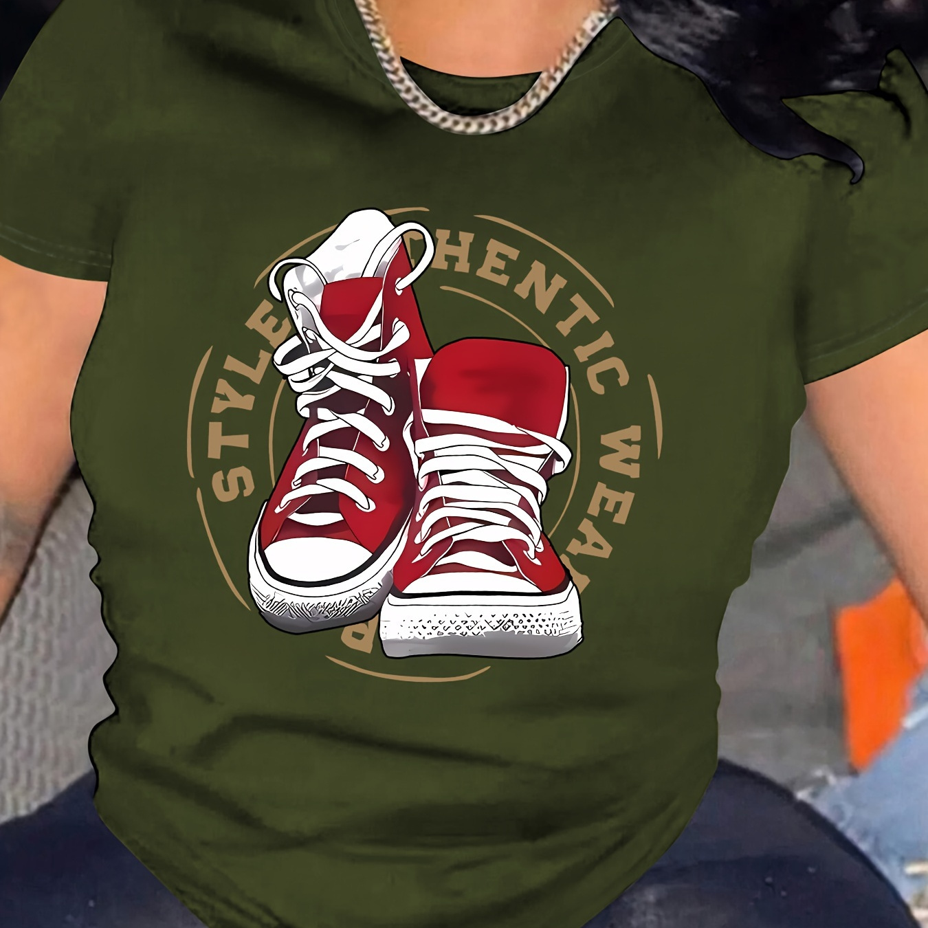 

Shoes & Letter T-shirt, Round Neck Short Sleeves Sports Tee, Women's Comfy Tops