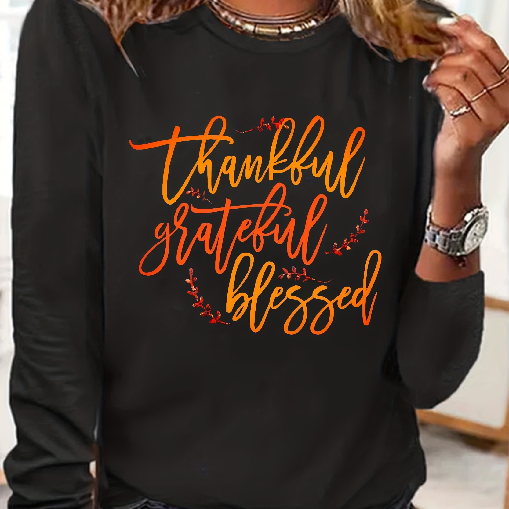 

Plus Size Casual T-shirt, Women's Plus Letter Print Long Sleeve Round Neck Slight Stretch T-shirt