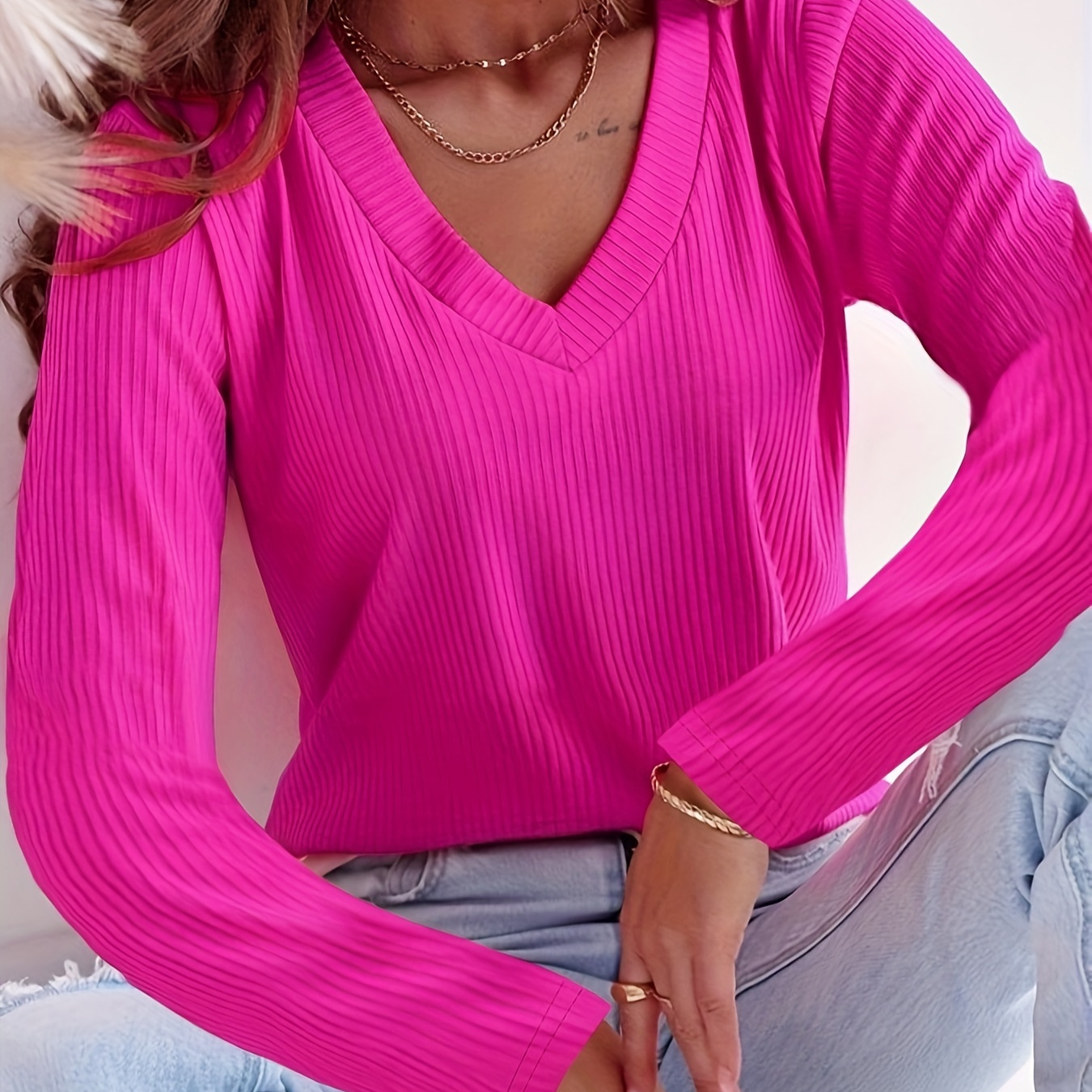 

T-shirt à col en V de couleur unie, T-shirt décontracté à manches longues pour et , vêtements pour femmes