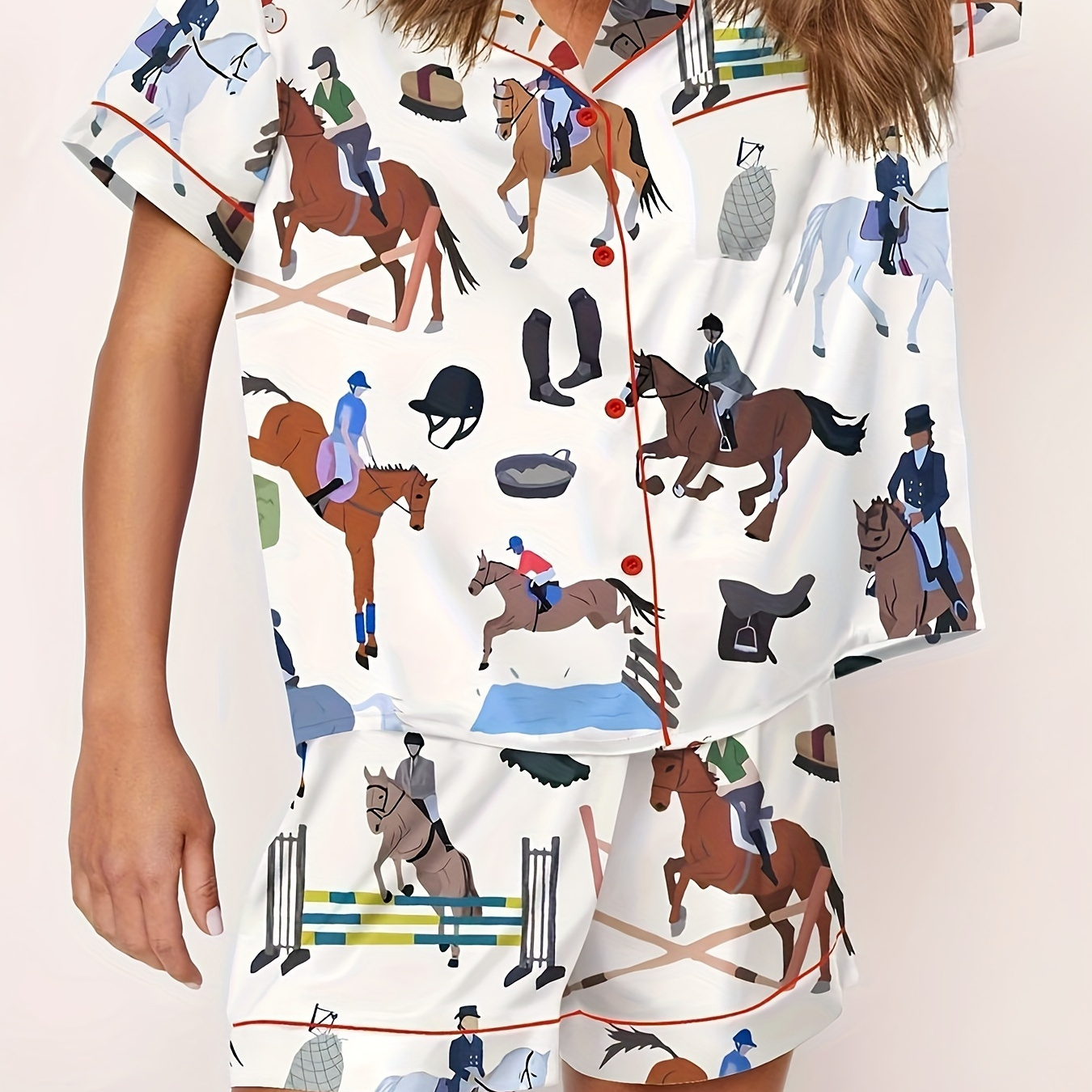 

Horse Pajama Set For Women - Bright Patterns Printing, Soft And Smooth Short Sleeve Lapel Collar Top With Matching Shorts, Ideal For Sleepwear & Loungewear