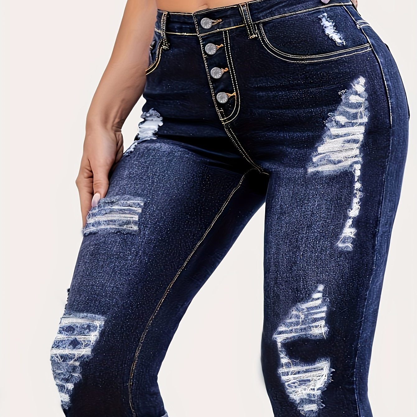 

Women's Plus Size Ripped Capri Jeans, High-waist, Cuffs Hem, Casual Style, Stretchy Single-breasted Denim, Summer Collection