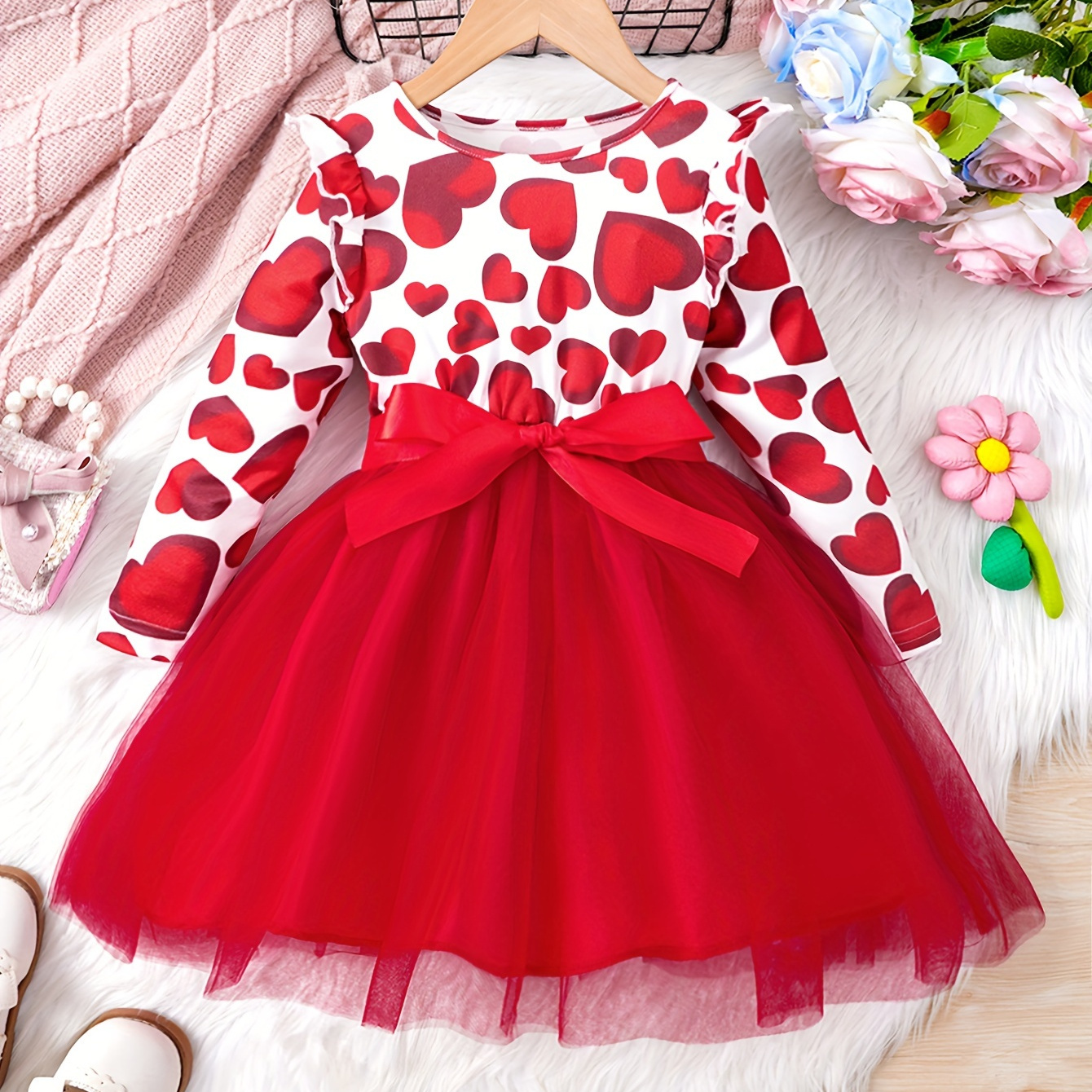 

Girls Splicing Heart Graphic Flutter Trim Long Sleeve Mesh Dress With Bow Belt For Spring Fall Birthday Gift