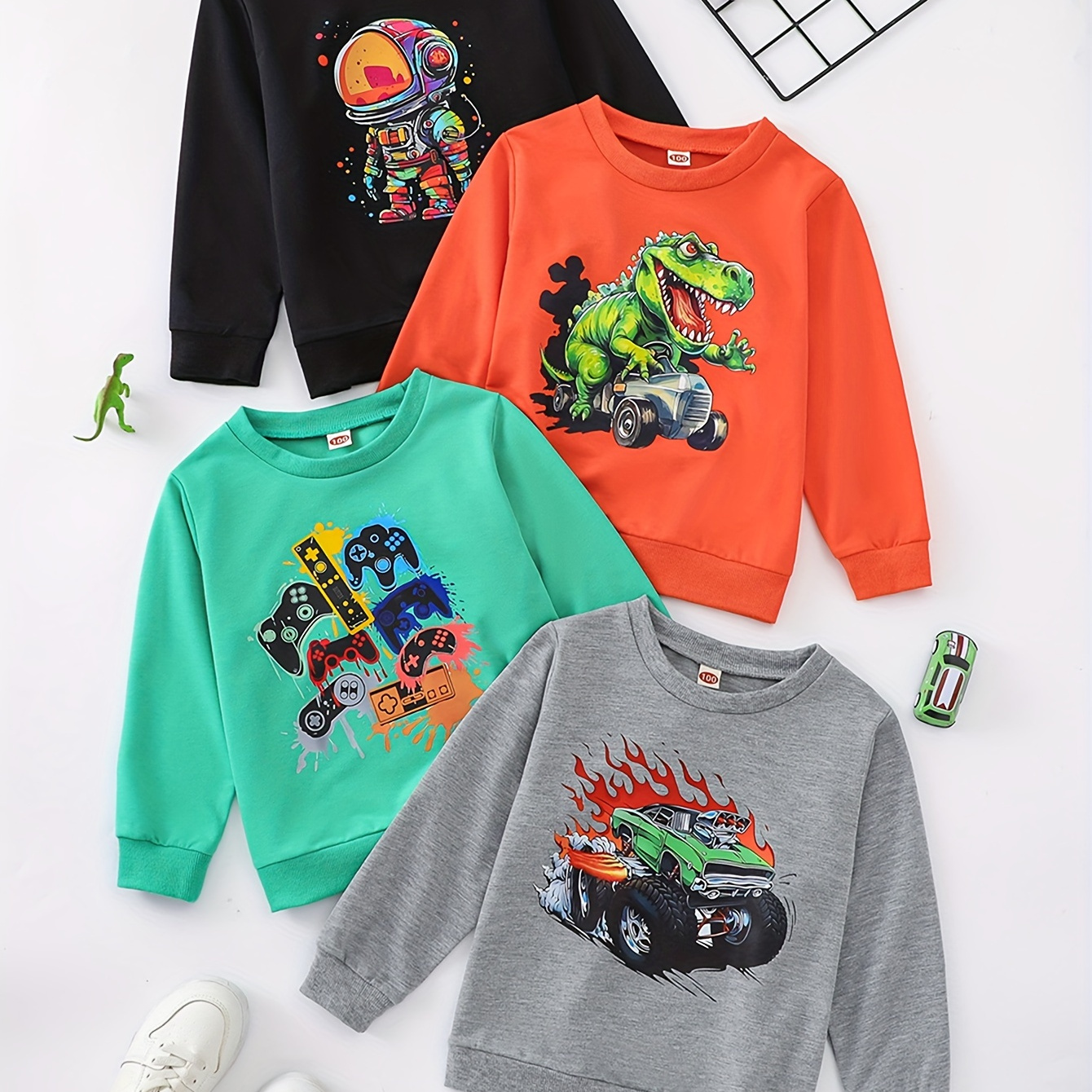 

4pcs Boy's Cartoon Dino & Gamepad & Astronaut & Truck Print Sweatshirt, Round Neck Comfy Casual Pullover For Spring Fall