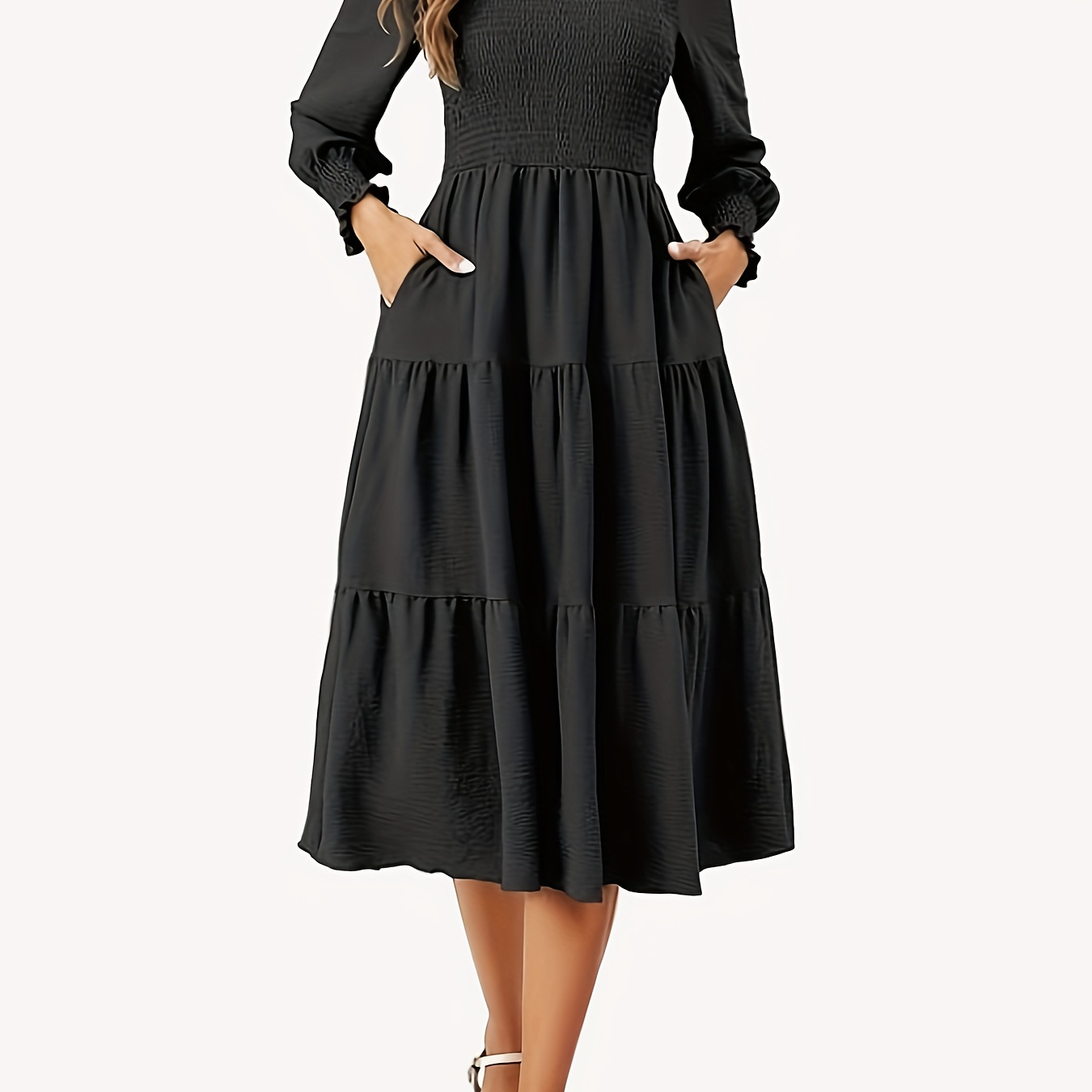 

Women's Long Sleeve Casual Dresses Smocked Dress Round Neck High Waist Ruffle Tiered Midi Long Sleeve Dresses