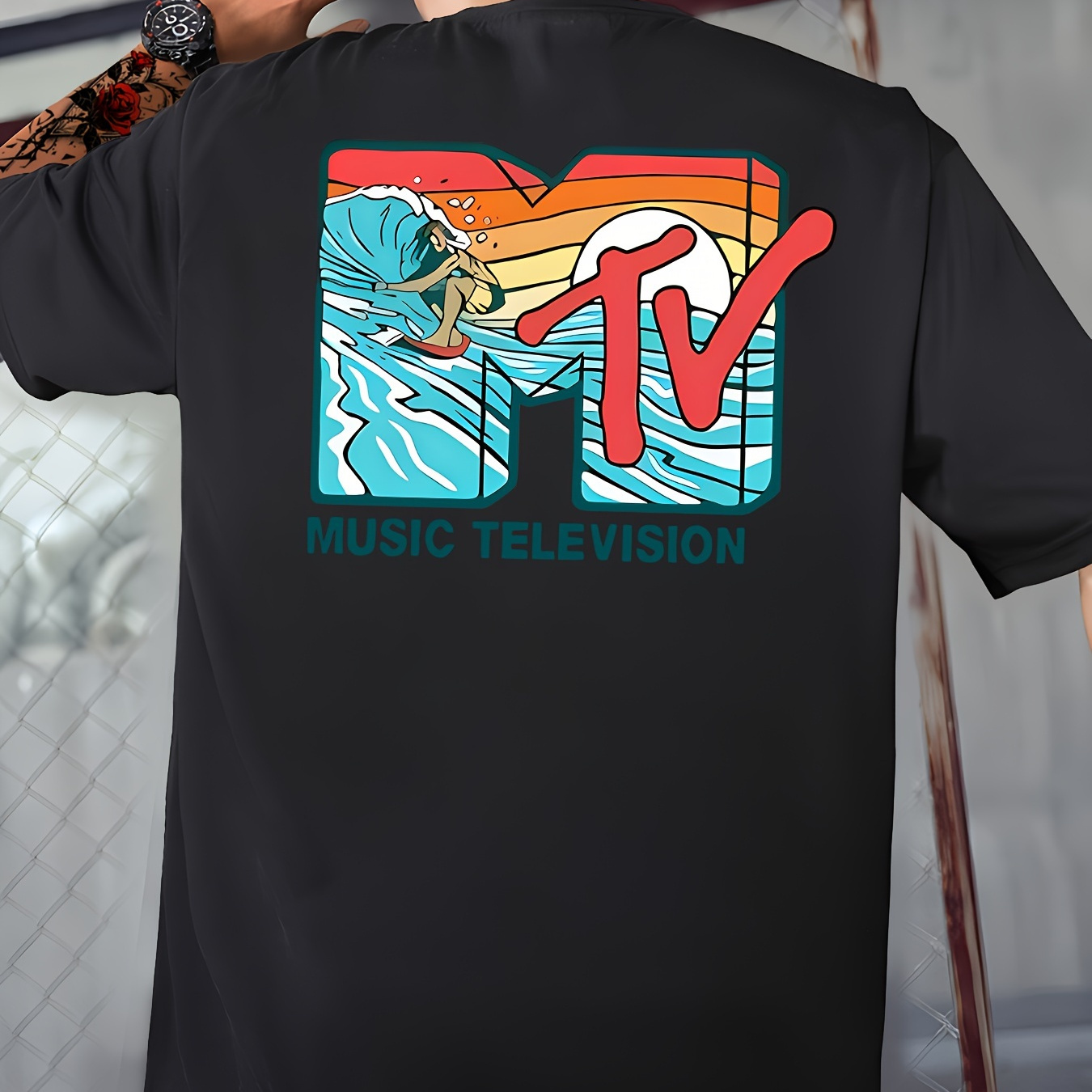 

Music Television Print Men's Casual T-shirt, Trendy Short Sleeve Comfy Versatile Summer Tee Tops