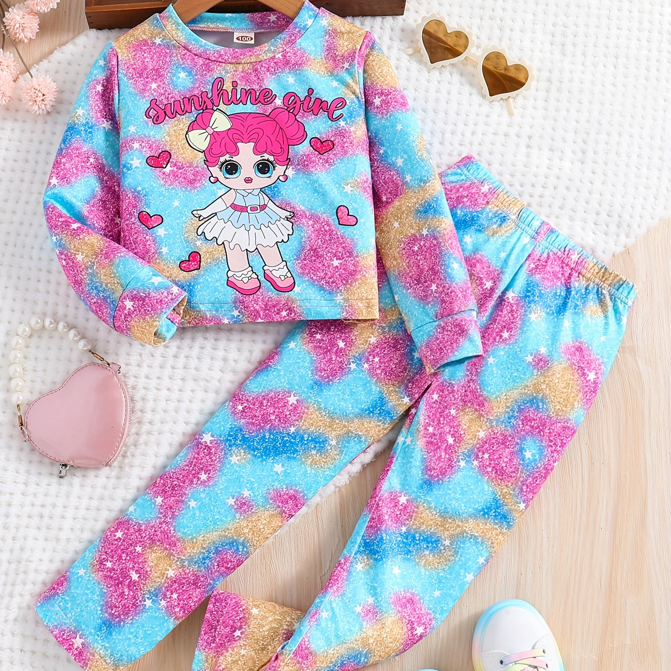 

Girls Daily Casual Outfit Set Round Neck Long Sleeve Print Cartoon Graphic Top & Pants Two-piece Set Trousers Set For Spring And Autumn