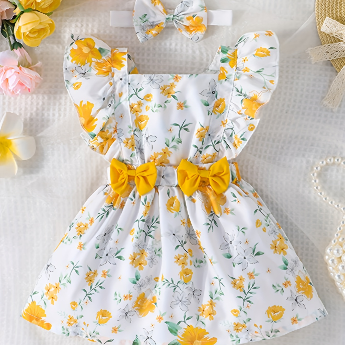 

2pcs Baby Girls Casual Floral Graphic Print Bowknot Decor Dress & Headband Set Clothes