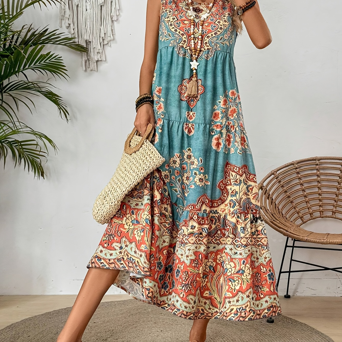 

Holiday Women's Summer Printed Round Neck Sleeveless Dress, Suitable For Like To Relax Or Go And Long Beach Vacation