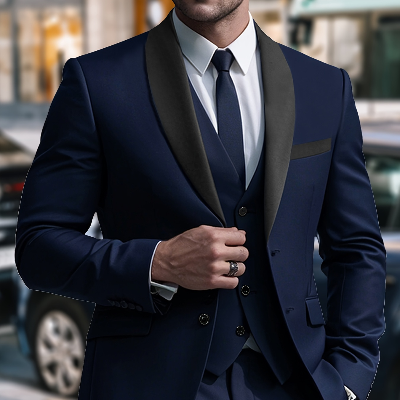 

4pcs Men's Elegant Suit Set, Polyester Non-stretch Fabric, Long Sleeve Lapel Collar Blazer With Matching Pants, Vest, And Tie - , Design, Button , Regular