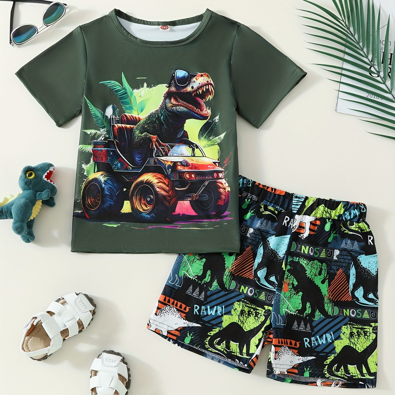 TEMU 2pcs Boys Casual Cool Dinosaur Graphic Print Short Sleeve T-shirt & Shorts Set, Comfy Summer Boys Clothes