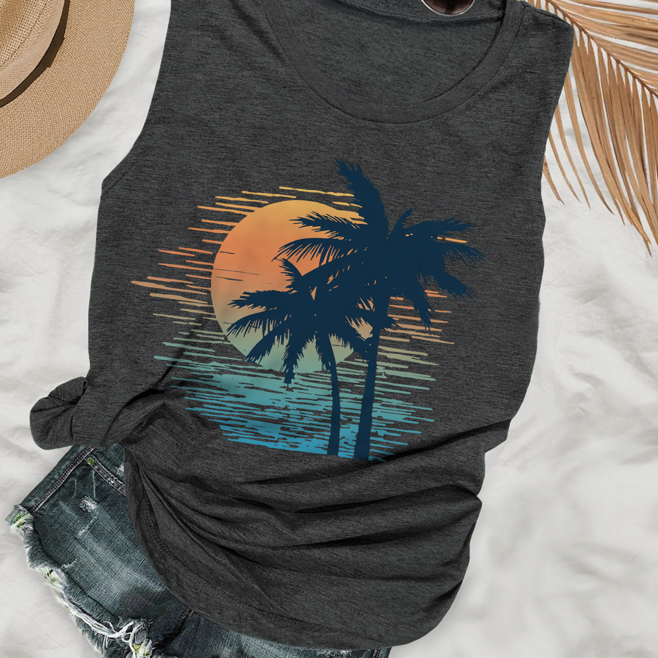 

Coconut Tree & Sun Print Tank Top, Sleeveless Casual Top For Summer & Spring, Women's Clothing