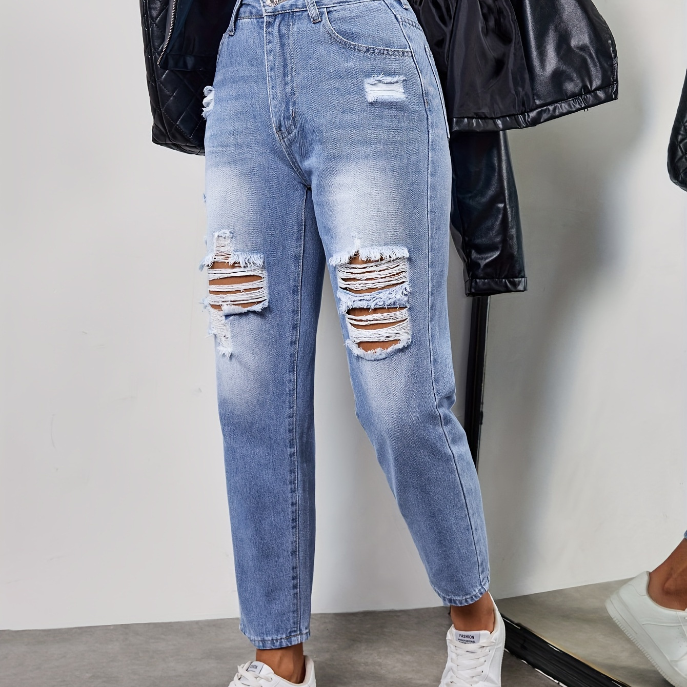 

Ripped Whiskering Washed Blue Casual Style Zipper Button Closure Denim Pants, Women's Denim Jeans & Clothing