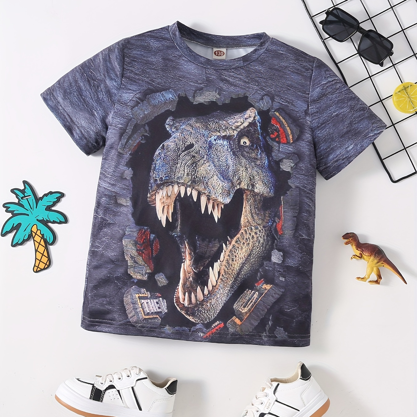 

Dinosaur Graphic Print Tee For Boys - Comfortable And Stylish Short Sleeve Crew Neck T-shirt For Summer Outdoor Fun