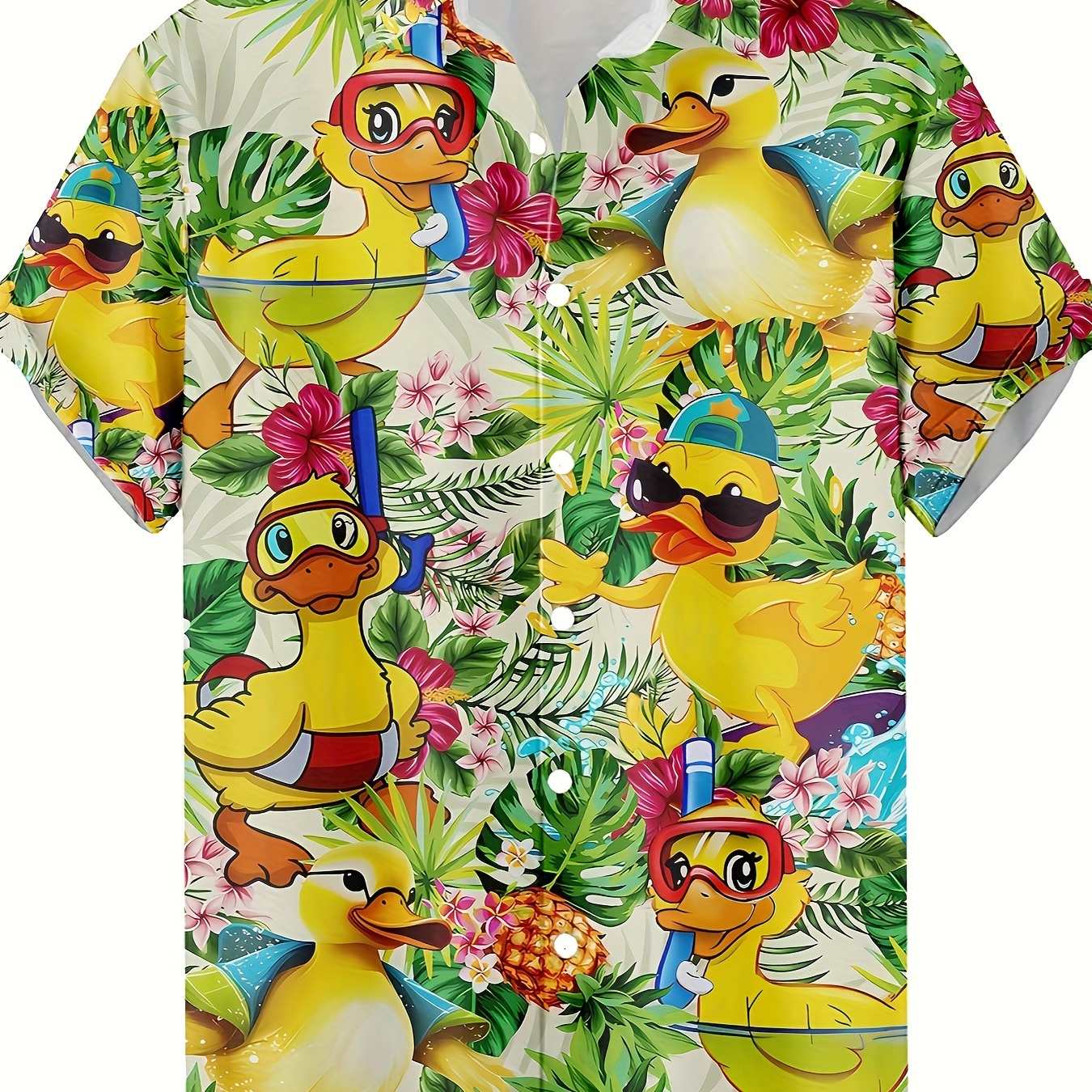 

Men's Fashion Hawaiian Style Shirt, Retro Cartoon Ducks Pattern Allover Print Short Sleeve Button Up Lapel Shirts For Summer Resort Vacation