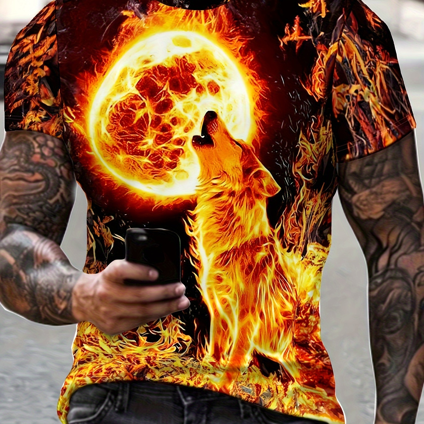 

Flame And Wolf 3d Graphic Print Men's Novelty Short Sleeve Crew Neck T-shirt, Summer Outdoor