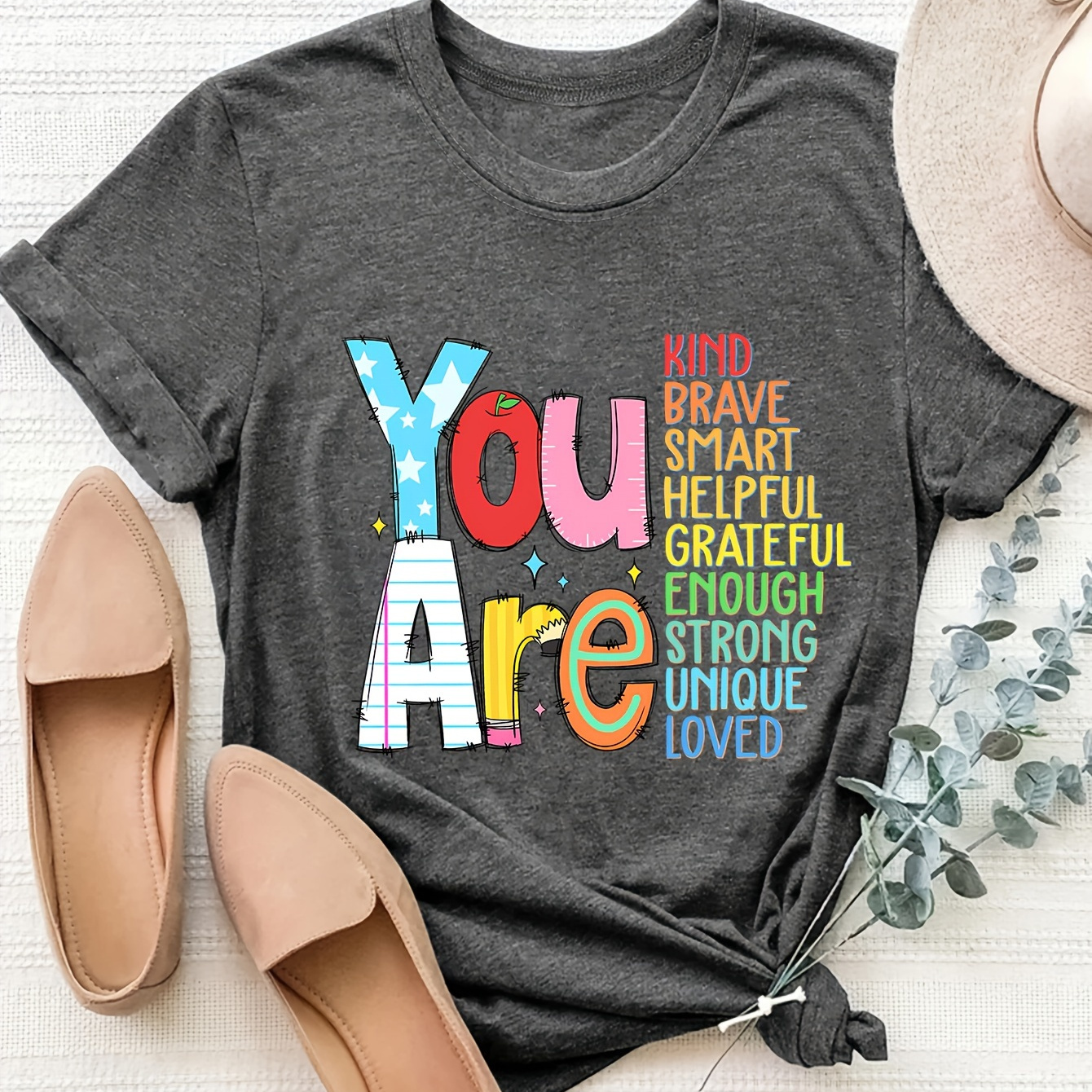 

You Are Kind, Brave & Smart" Inspirational - Casual Crew Neck, Short Sleeve Top For Women | Soft Viscose , Machine Washable