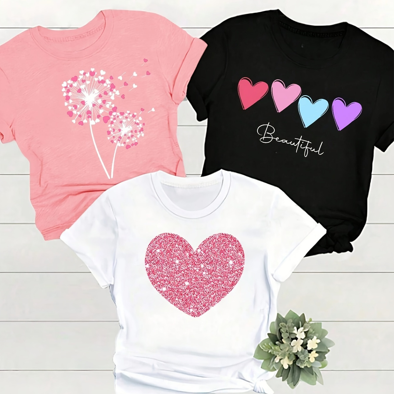 

3-pack Women's Casual T-shirts - Polyester Blend, Crew Neck, Short Sleeve With Heart & Letter Print, Knit Fabric, Regular Length - Versatile Summer Tees