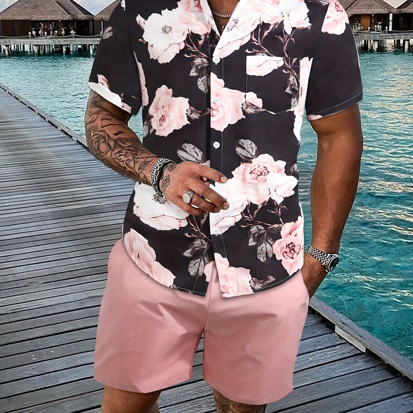 2Pcs, Beautiful Flower Print, Men's Summer Short Sleeve Button Up Shirt And Shorts Set