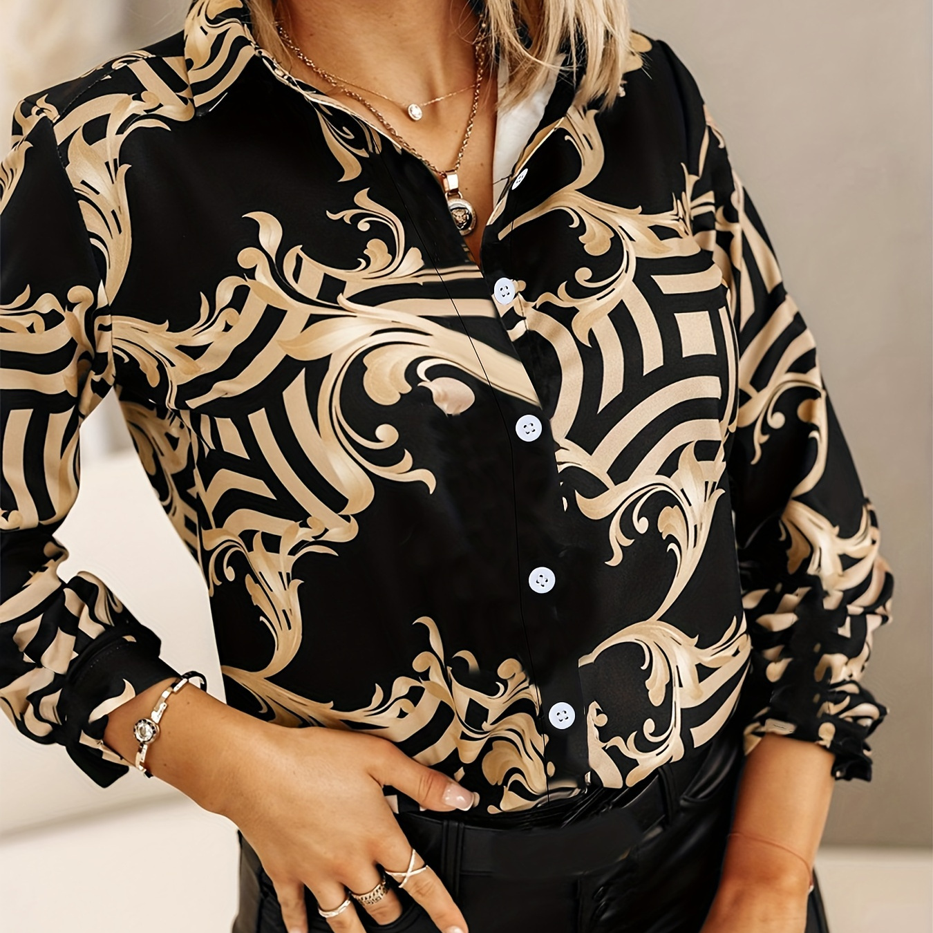 

Baroque Floral Print Shirt, Elegant Button Front Long Sleeve Shirt, Women's Clothing