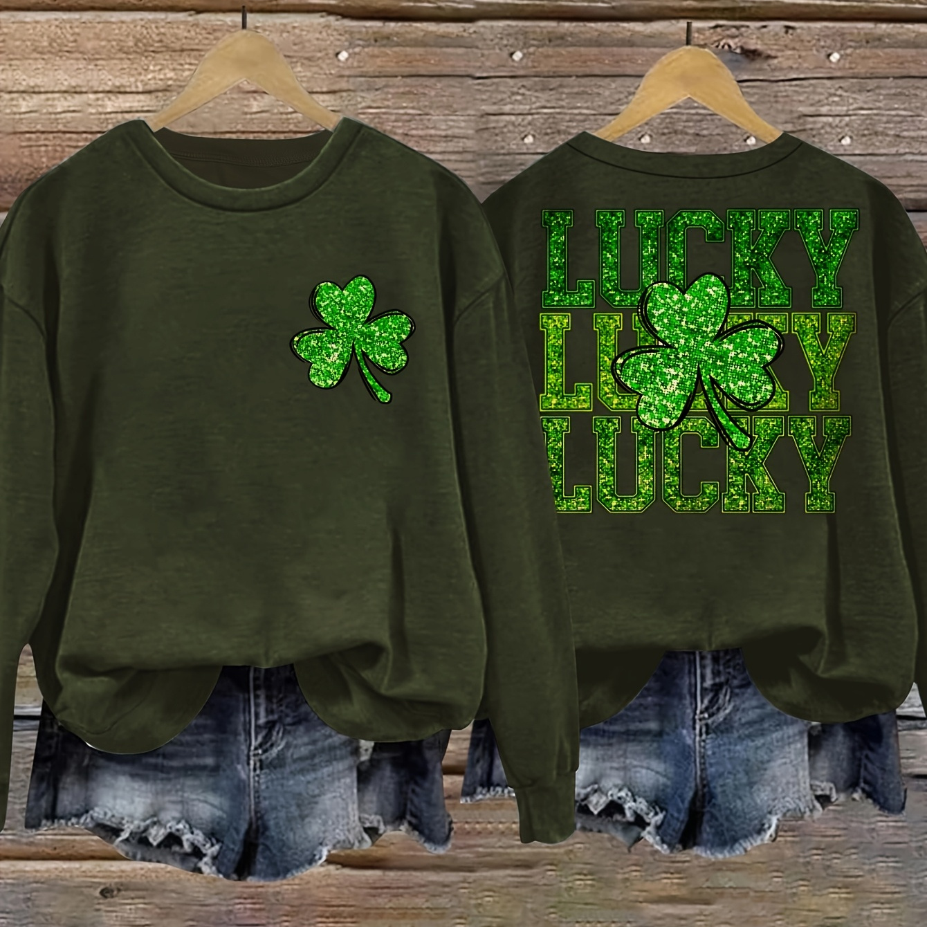 

Women's Clover 's Day Sweatshirt - Casual Green Crew Neck With Glittery Shamrock Design, Long Sleeve, 100% Polyester, Machine Washable - Ideal For , |relaxed Fit|polyester Sweatshirt