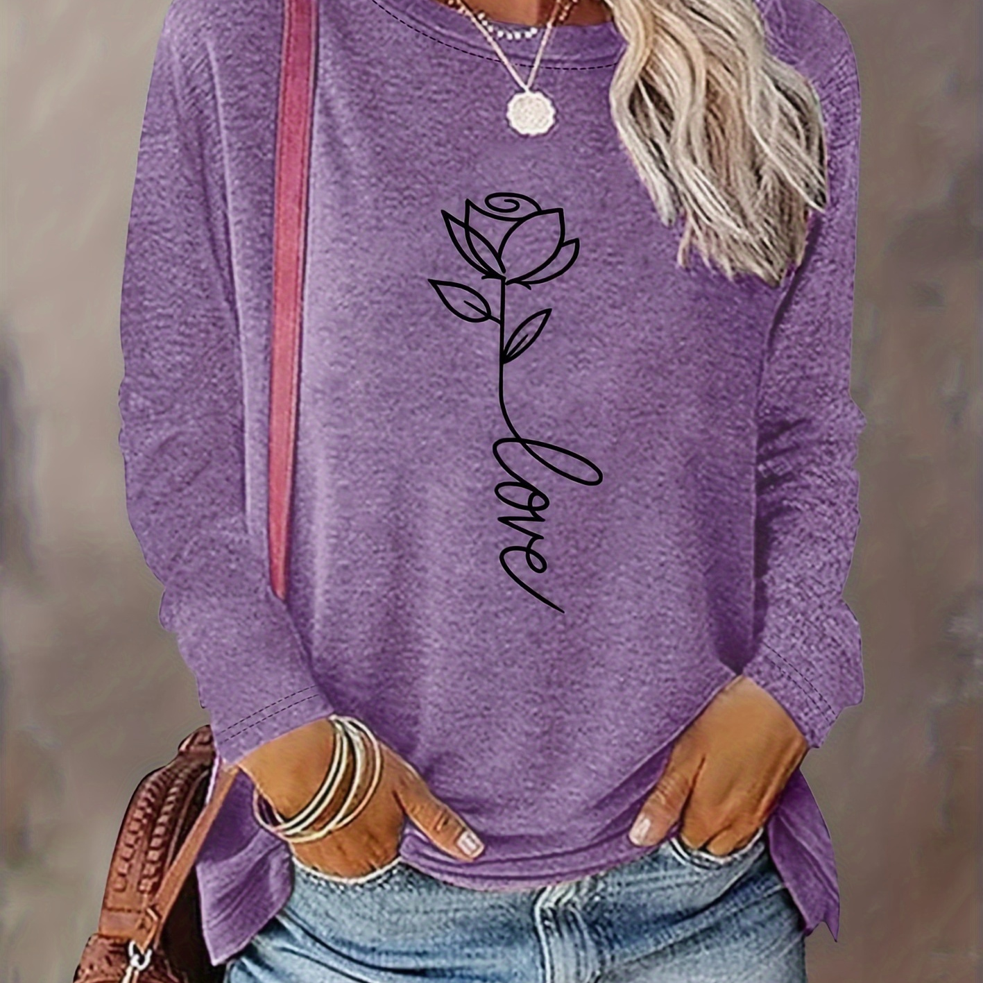 

1pc Vintage Style Women's Casual Long Sleeve T-shirt With Rose Print, Round Neck, Stretch Fabric, Knitted Polyester Top For Spring/summer/autumn