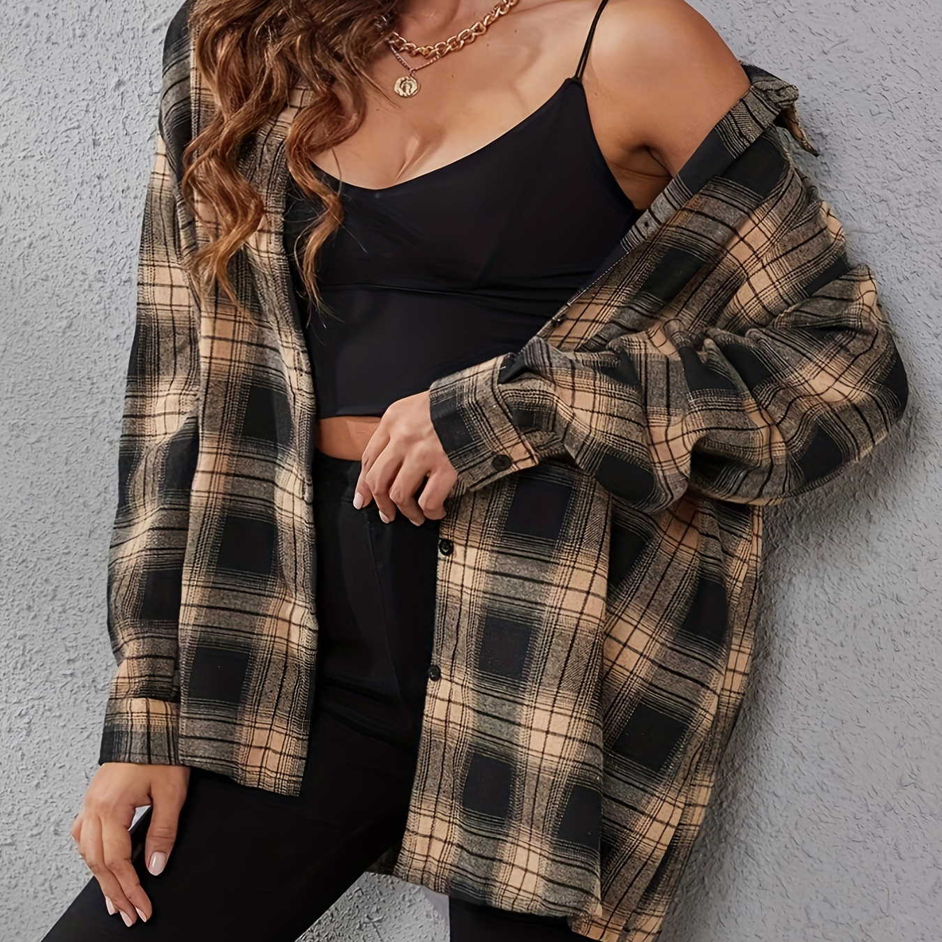 Plus Size Casual Blouse, Women's Plus Plaid Print Button Up Long Sleeve Turn Down Collar Blouse