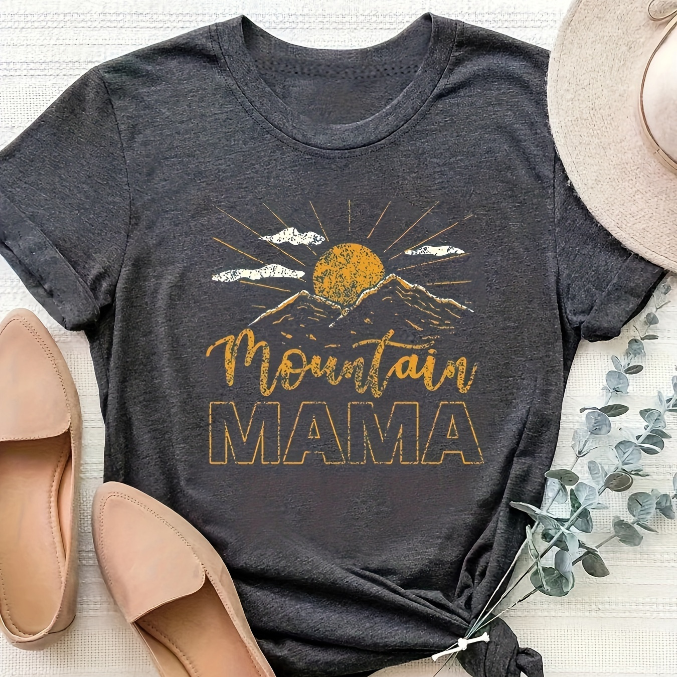 

Mountain & Letter Print Crew Neck T-shirt, Casual Short Sleeve T-shirt For Spring & Summer, Women's Clothing