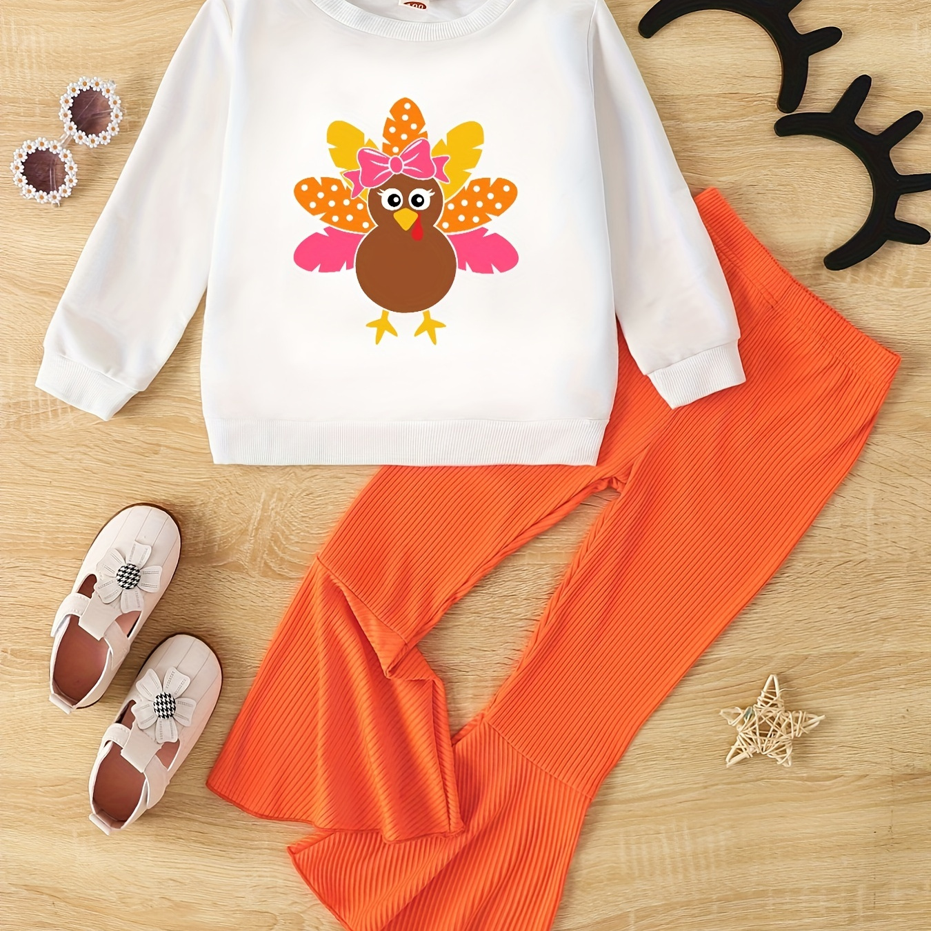 

2pcs Girl's Thanksgiving Style Outfit, Turkey Pattern Sweatshirt & Ribbed Flared Pants Set, Casual Long Sleeve Top, Toddler Kid's Clothes For Spring Fall Winter