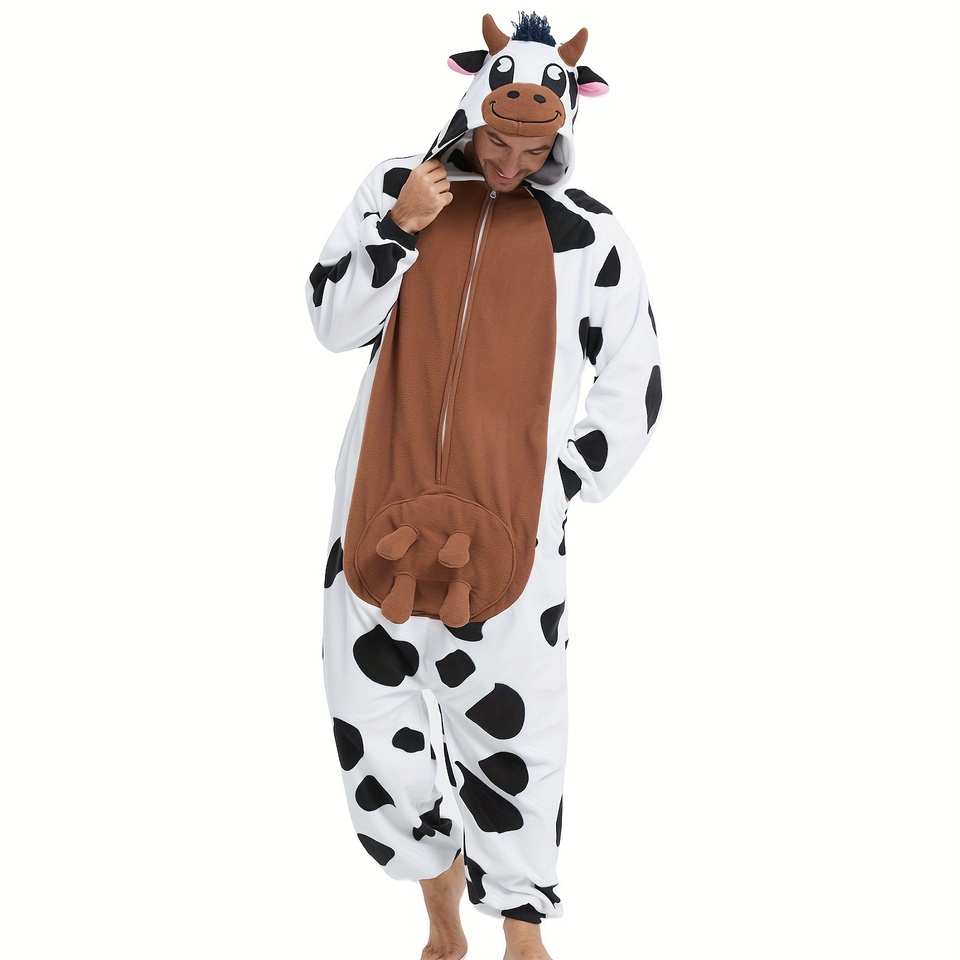 

Men's Festive Christmas Cute Cow Print Batwing Sleeve Hooded Pajama Jumpsuit - Cozy Long Sleeve Sleepwear With Cute Buttons, Halloween Costume, Christmas Party Outfit