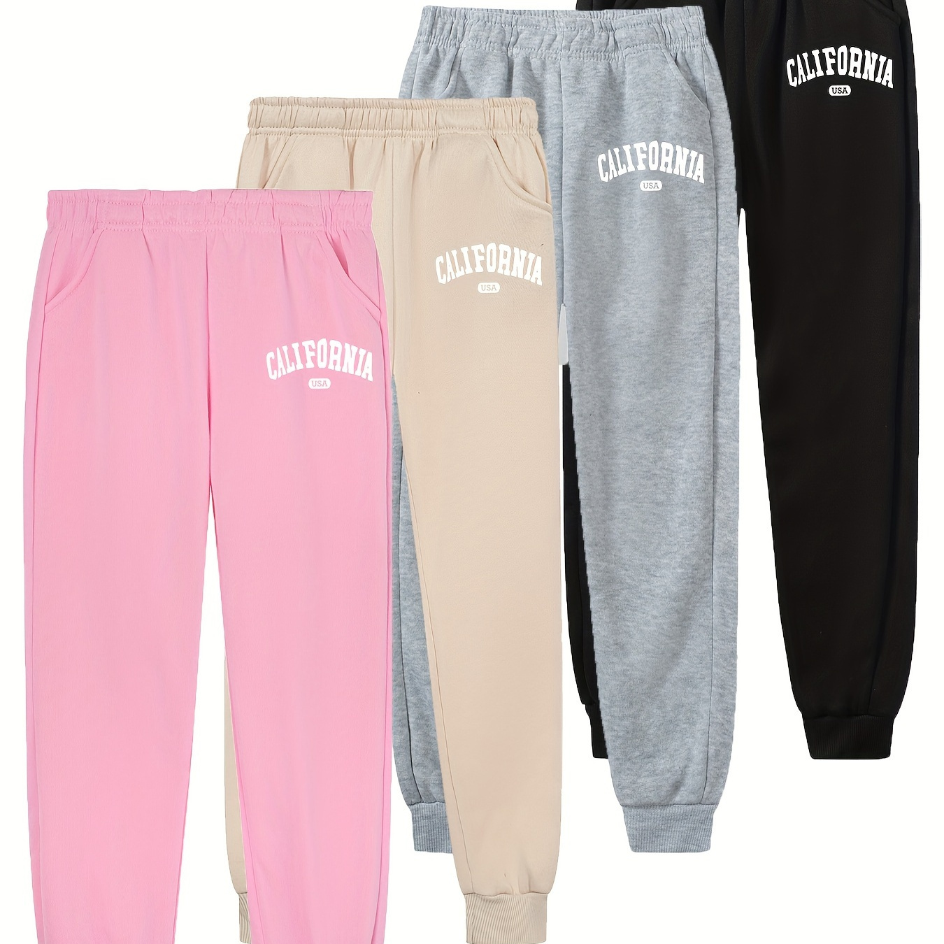 

4pcs Girls' Loose Fit California Letter Print Jogger Pants, Casual Fall/winter Knit Sweatpants