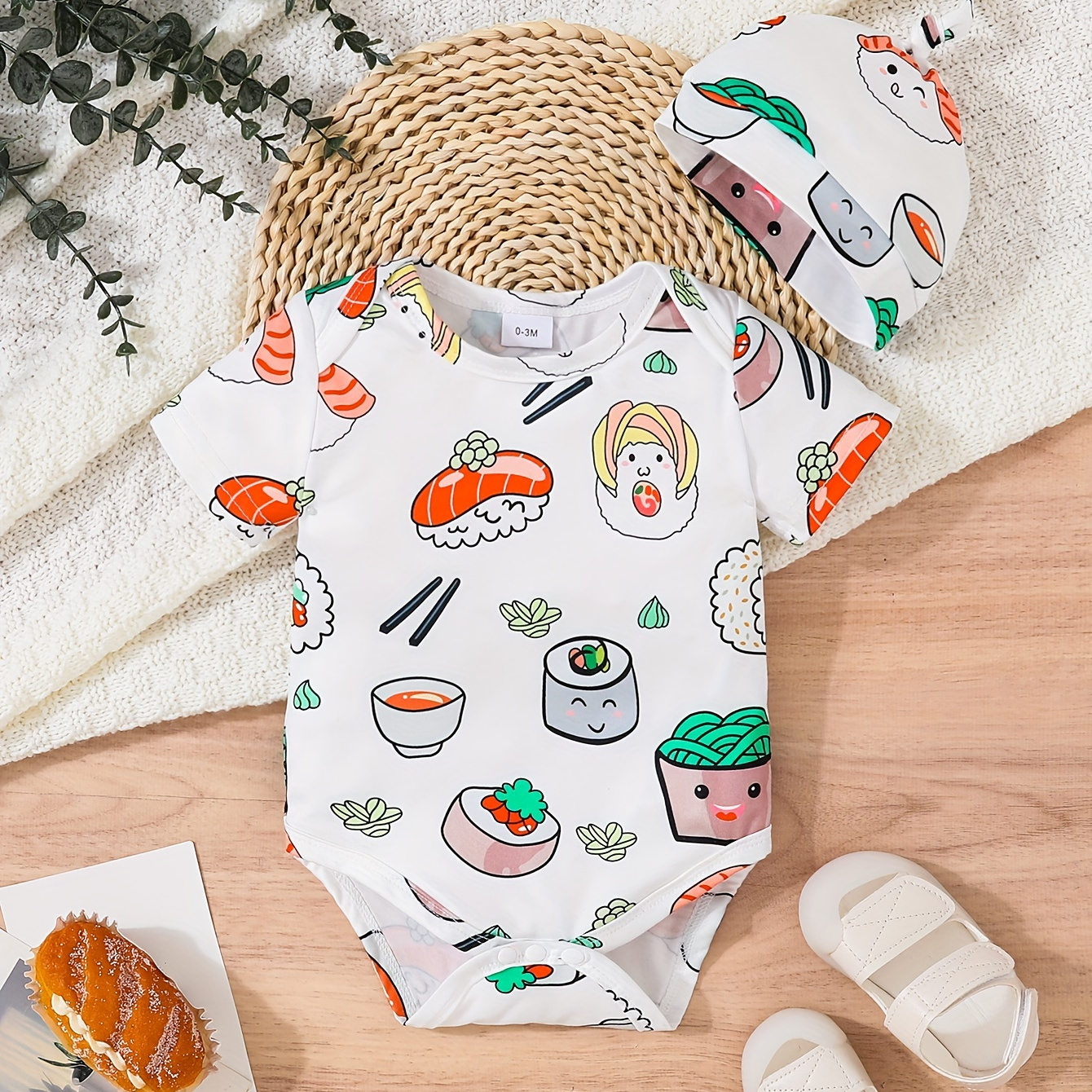 

Baby Girls Boys Onesie & Hat Set, Cute Sushi Print, Comfortable Fabric, Fashionable Snap-on Short Sleeve Romper, Matching Cap, Perfect For Casual Daily Wear