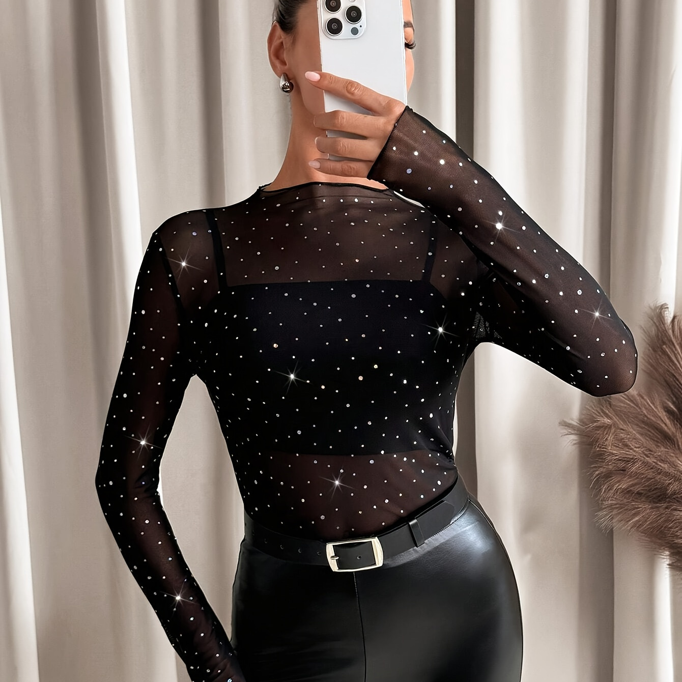 

2024 Autumn And Winter New Elegant Women's Small Stand Collar Long Sleeve Mesh Transparent Rhinestone Decorated T-shirt