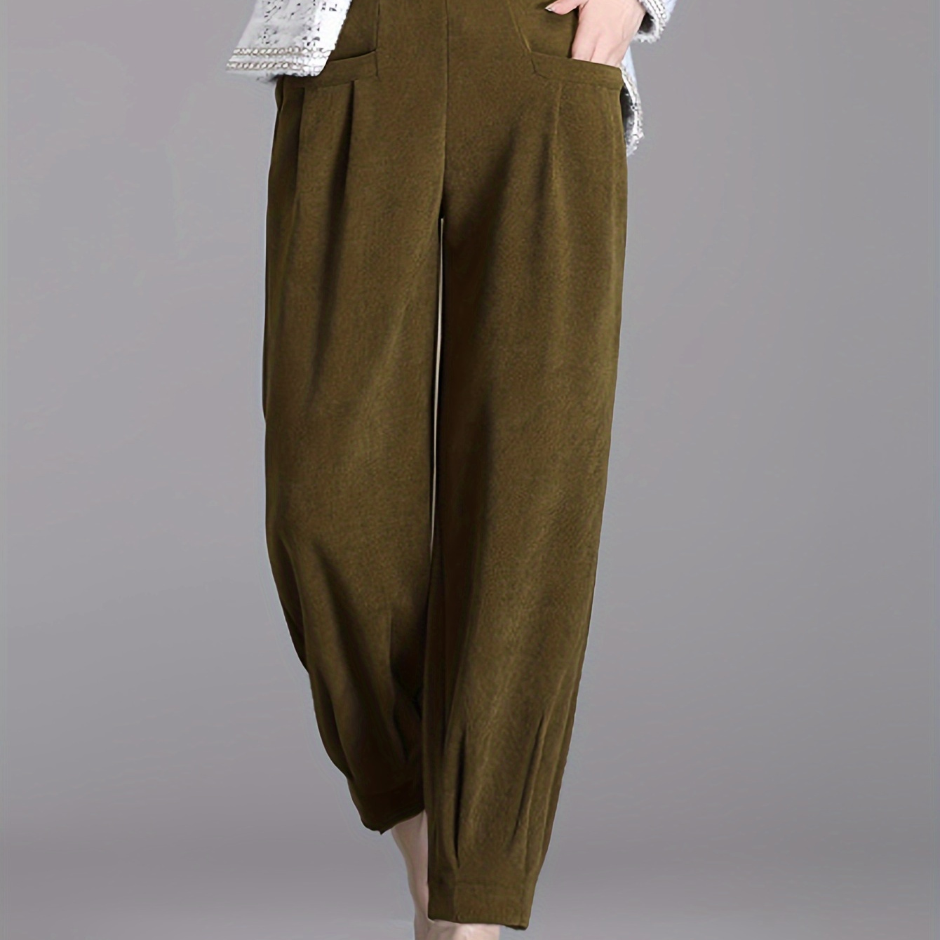 

Elegant Olive Green Corduroy Trousers For Women With Pockets - High-waisted, Straight-leg Design, Polyester, Non-stretch Fabric -