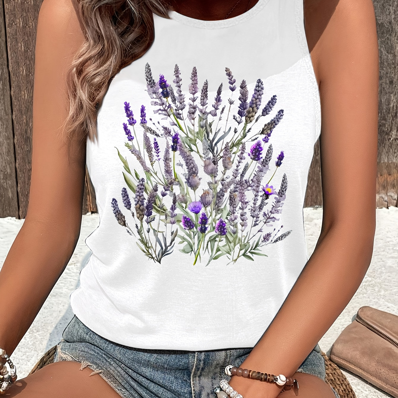 

Lavender Print Crew Neck Tank Top, Sleeveless Casual Top For Summer & Spring, Women's Clothing