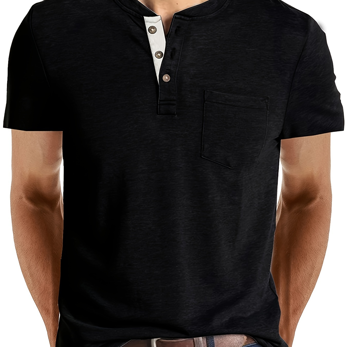 

Casual Daily Men's Short Sleeve Round Neck Henley Shirt With Chest Pocket For Summer, Gift For Men