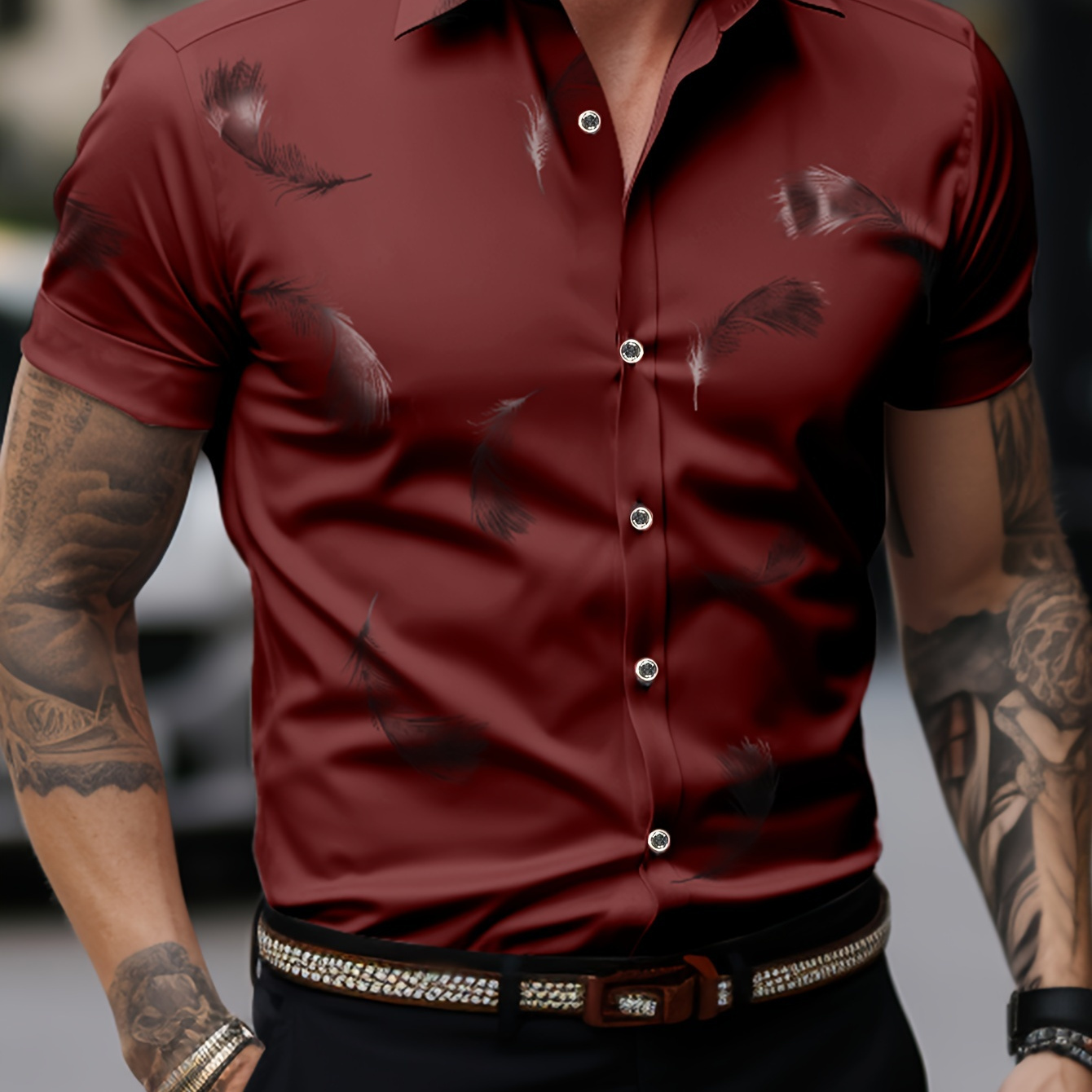 

Feather Pattern Men's Slim Fit Short Sleeve Button Down Lapel Shirt For Holiday, Hawaiian Style