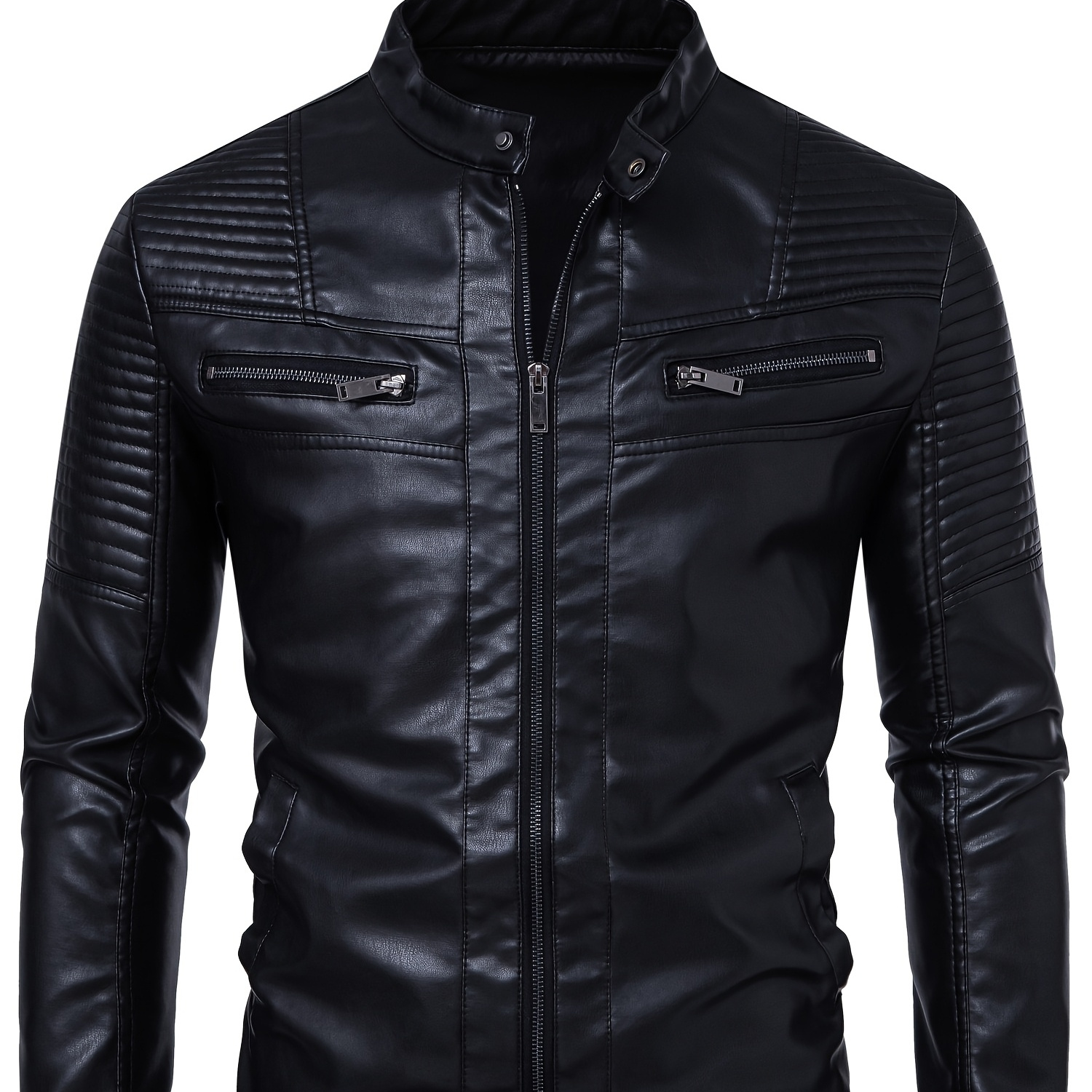 mens stand collar faux leather jacket zipper trim vintage - Temu